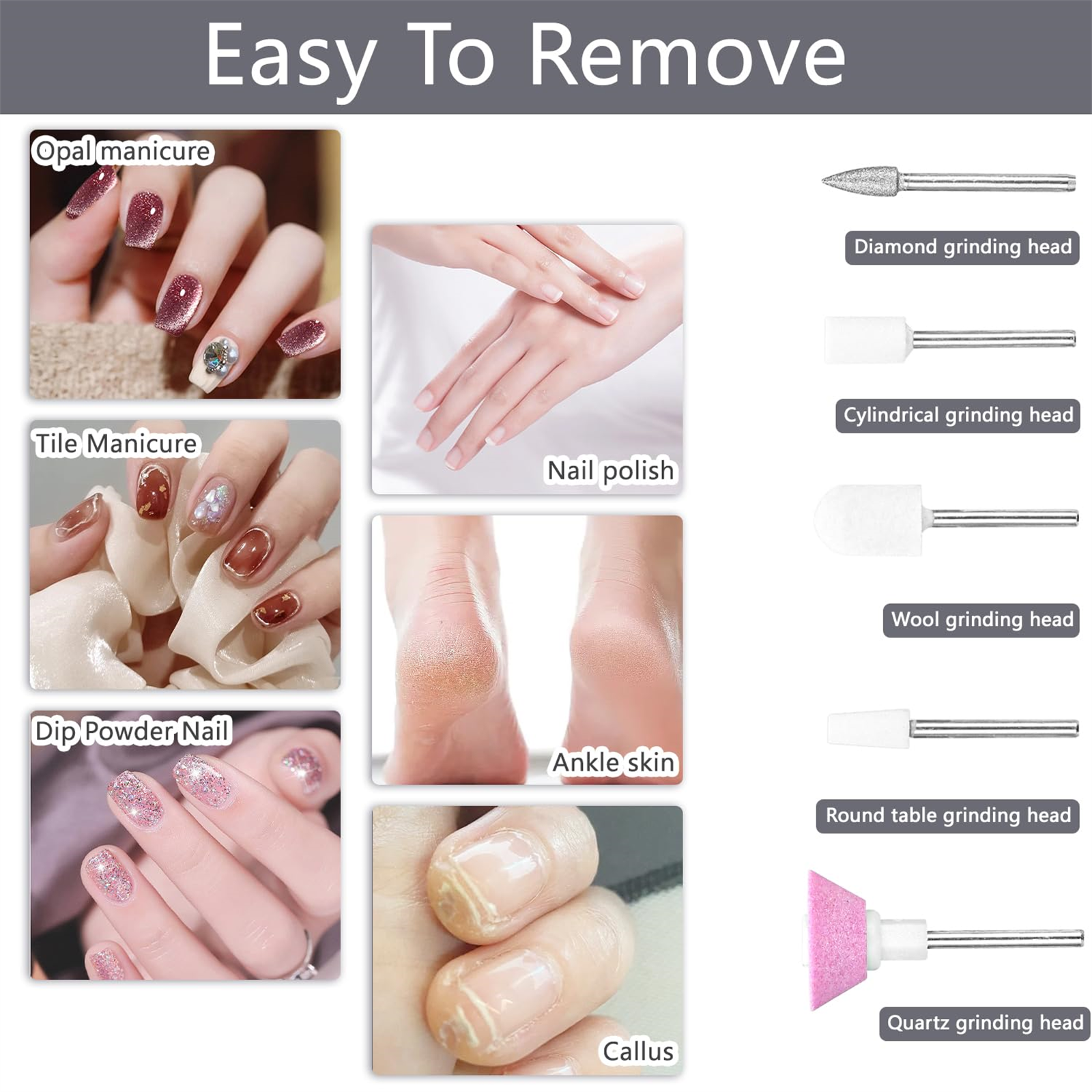 Bilder von Nagelpflege, einschließlich Maniküre, Nagellack und Werkzeuge für die Fußpflege.