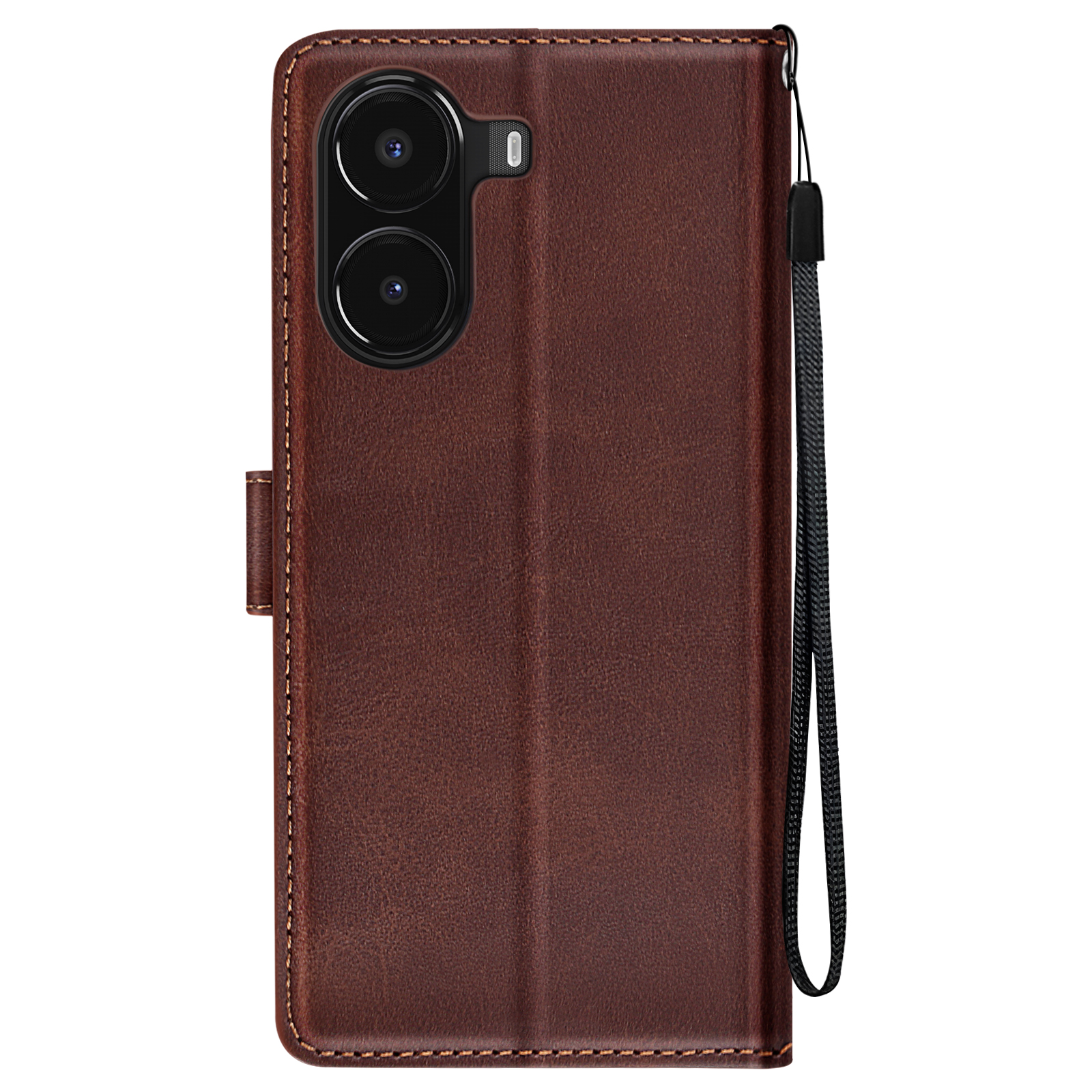 Una custodia per telefono in pelle marrone con fotocamera e cinturino. La custodia è chiusa e ha una chiusura.