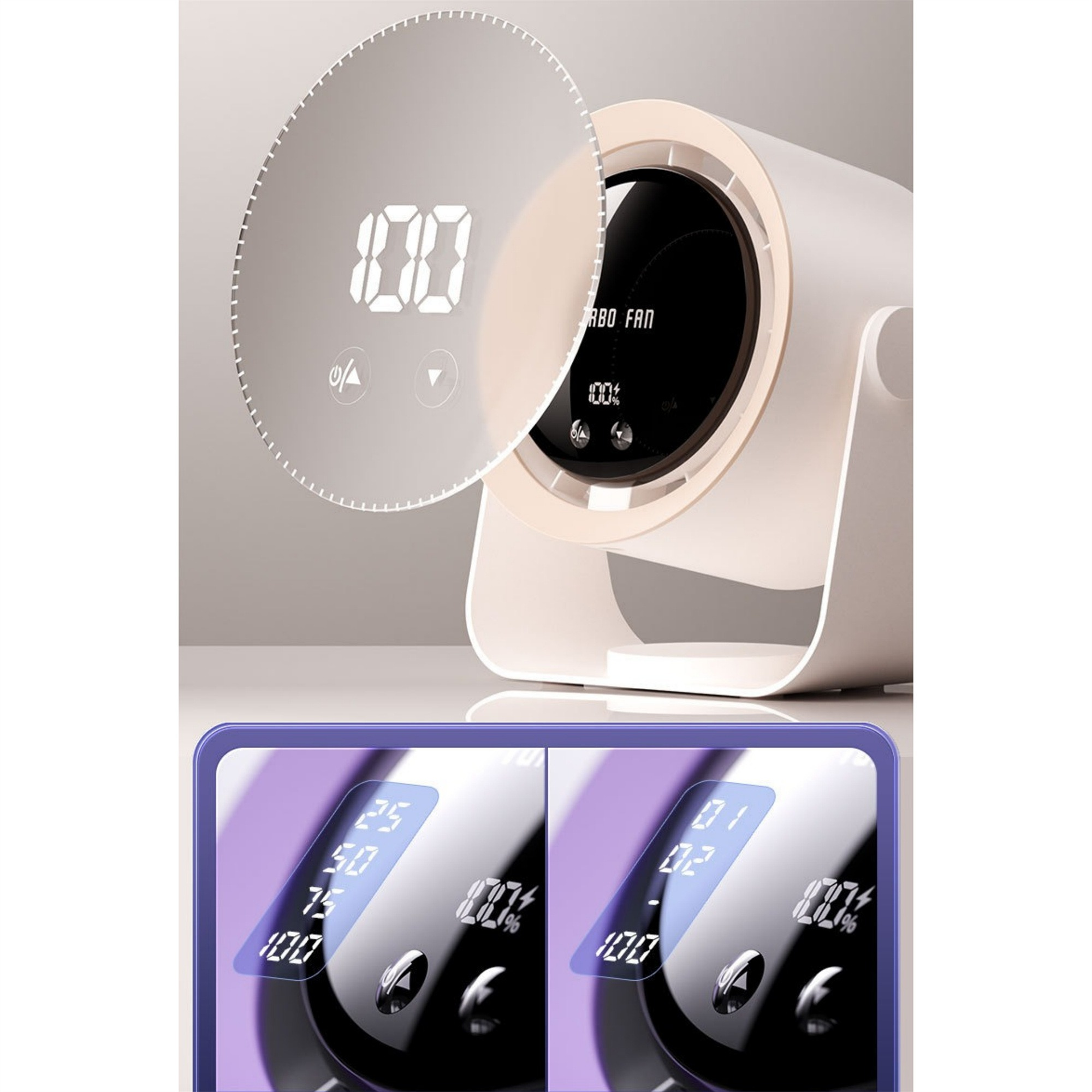 Ein weißer und beiger Ventilator mit digitaler Anzeige. Zwei Anzeigen sind abgebildet.
