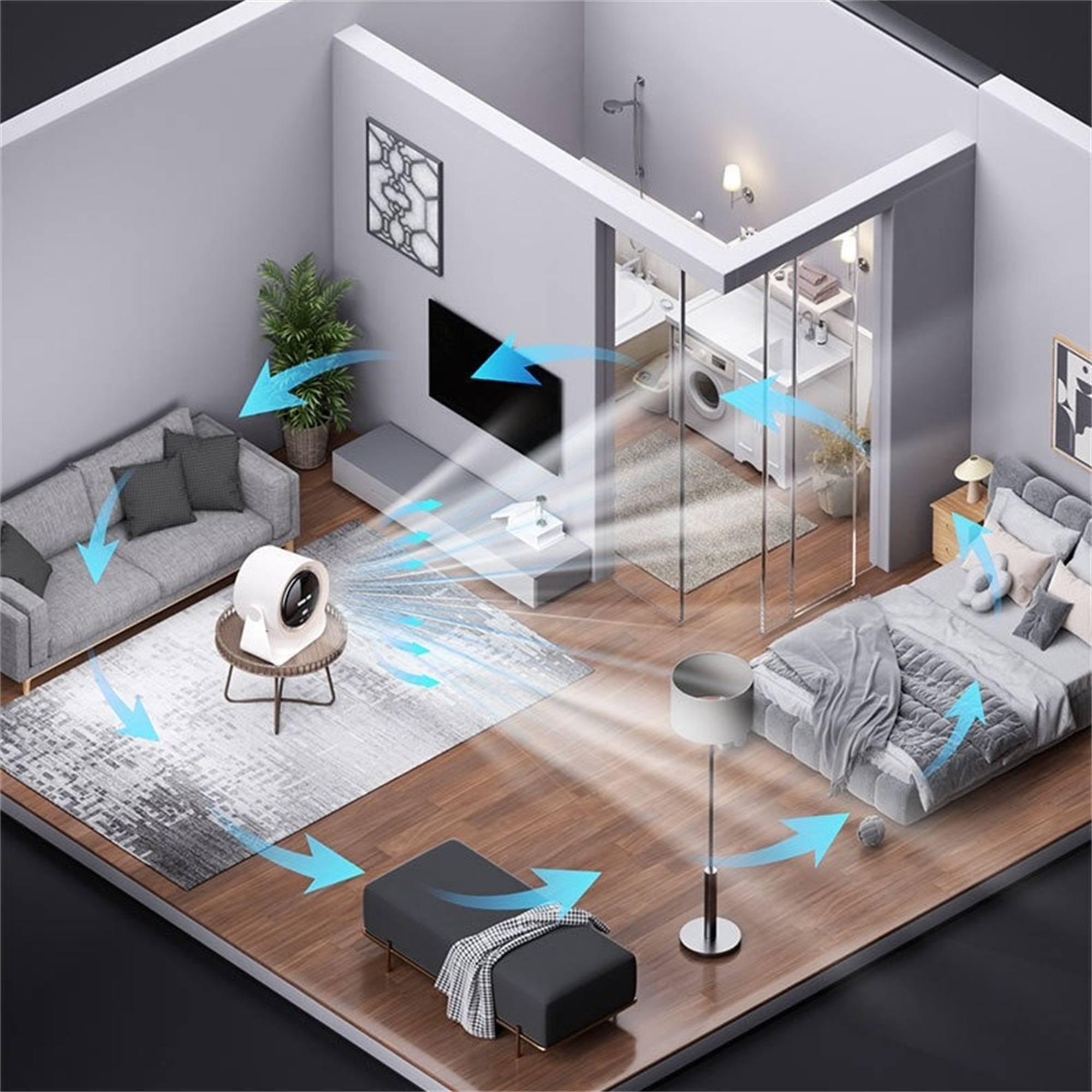 Ein Innenraumdesign mit Ventilator und Luftstrompfeilen. Der Raum enthält Sofa, Bett und Fenster.