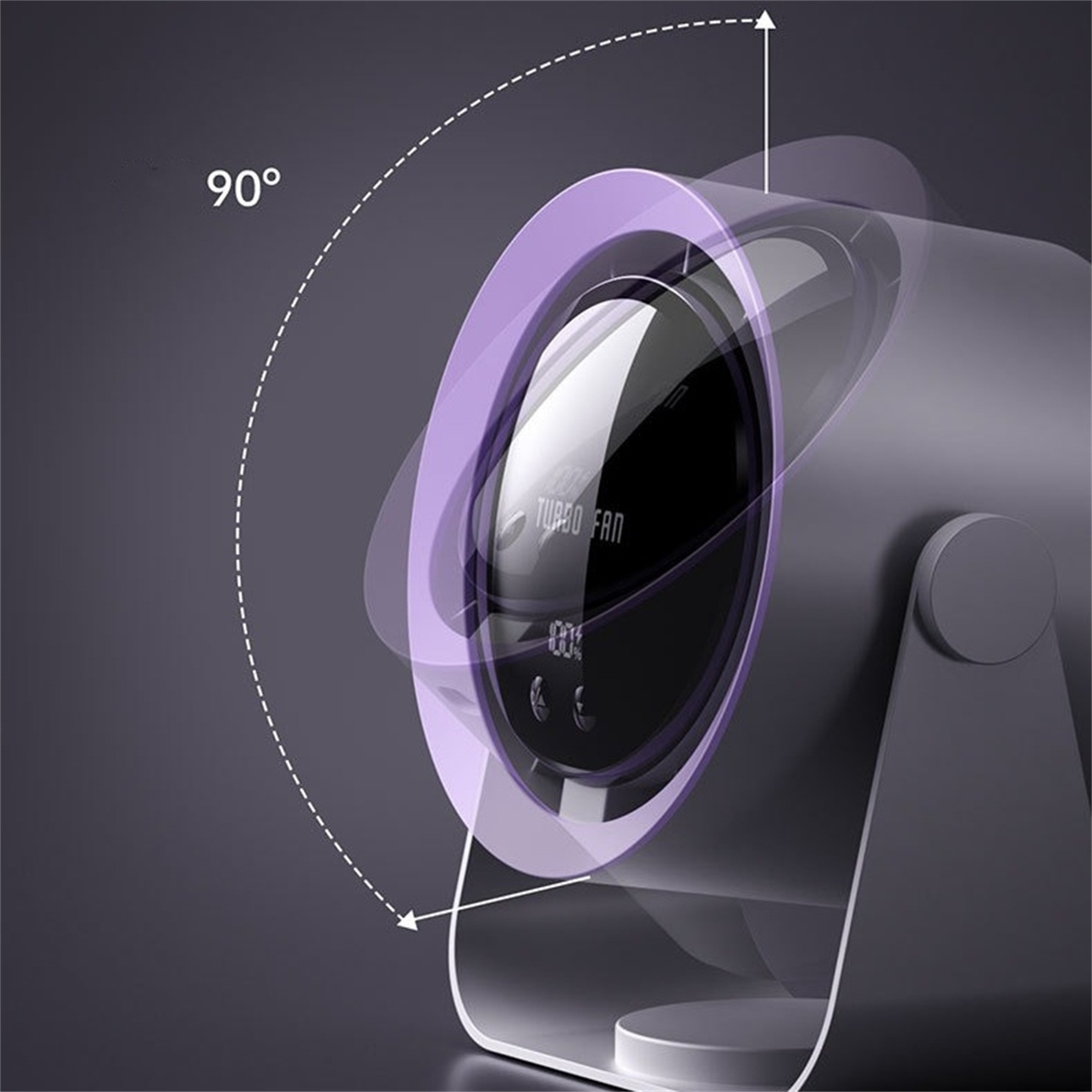Ein grauer Ventilator mit violettem Ring und Display. Der Ventilator kann sich um 90 Grad drehen. Der Text lautet Turbo-Lüfter.