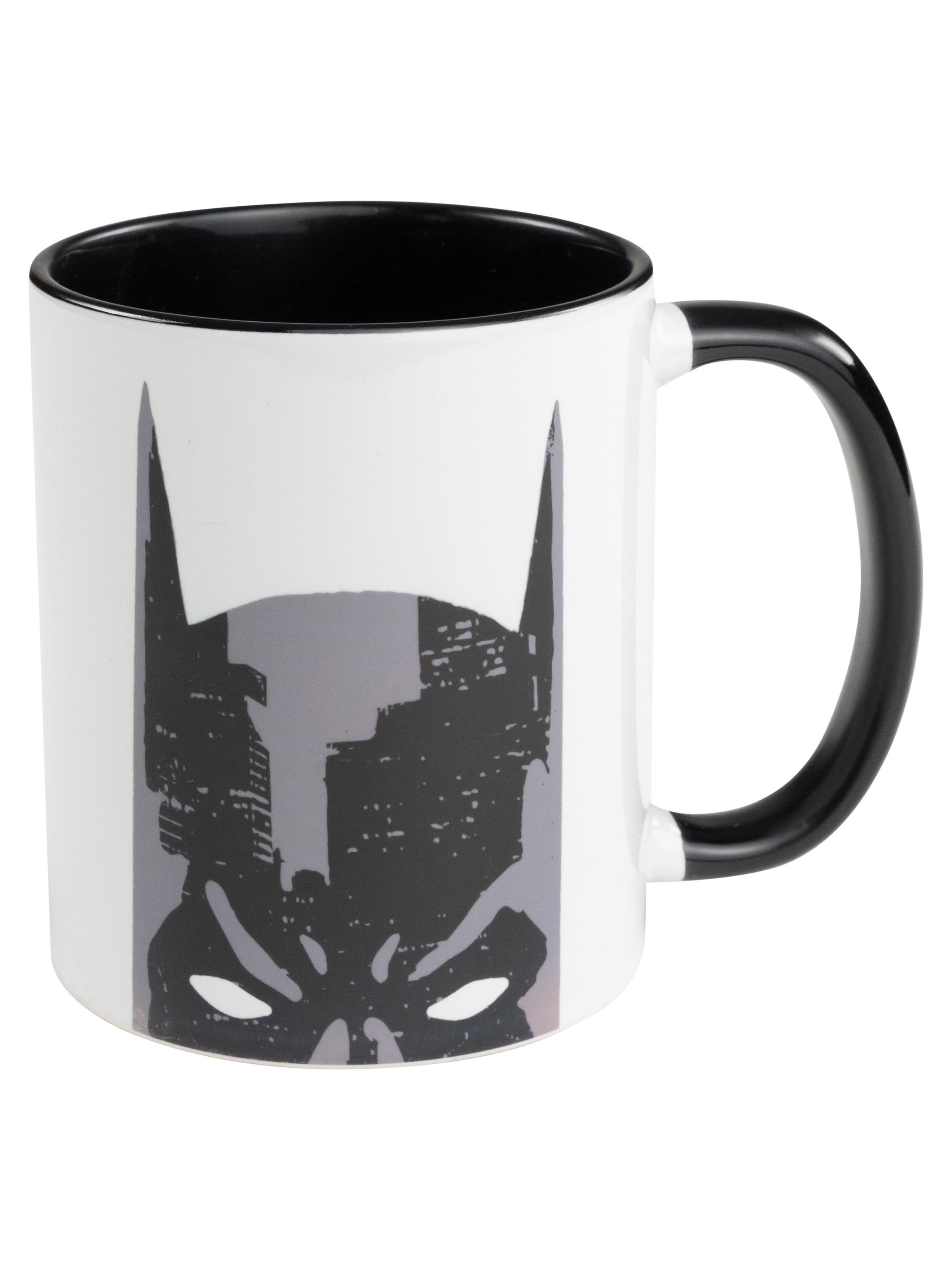 Eine weiße Tasse mit schwarzem Henkel, eine Silhouette von Batman auf der Vorderseite.