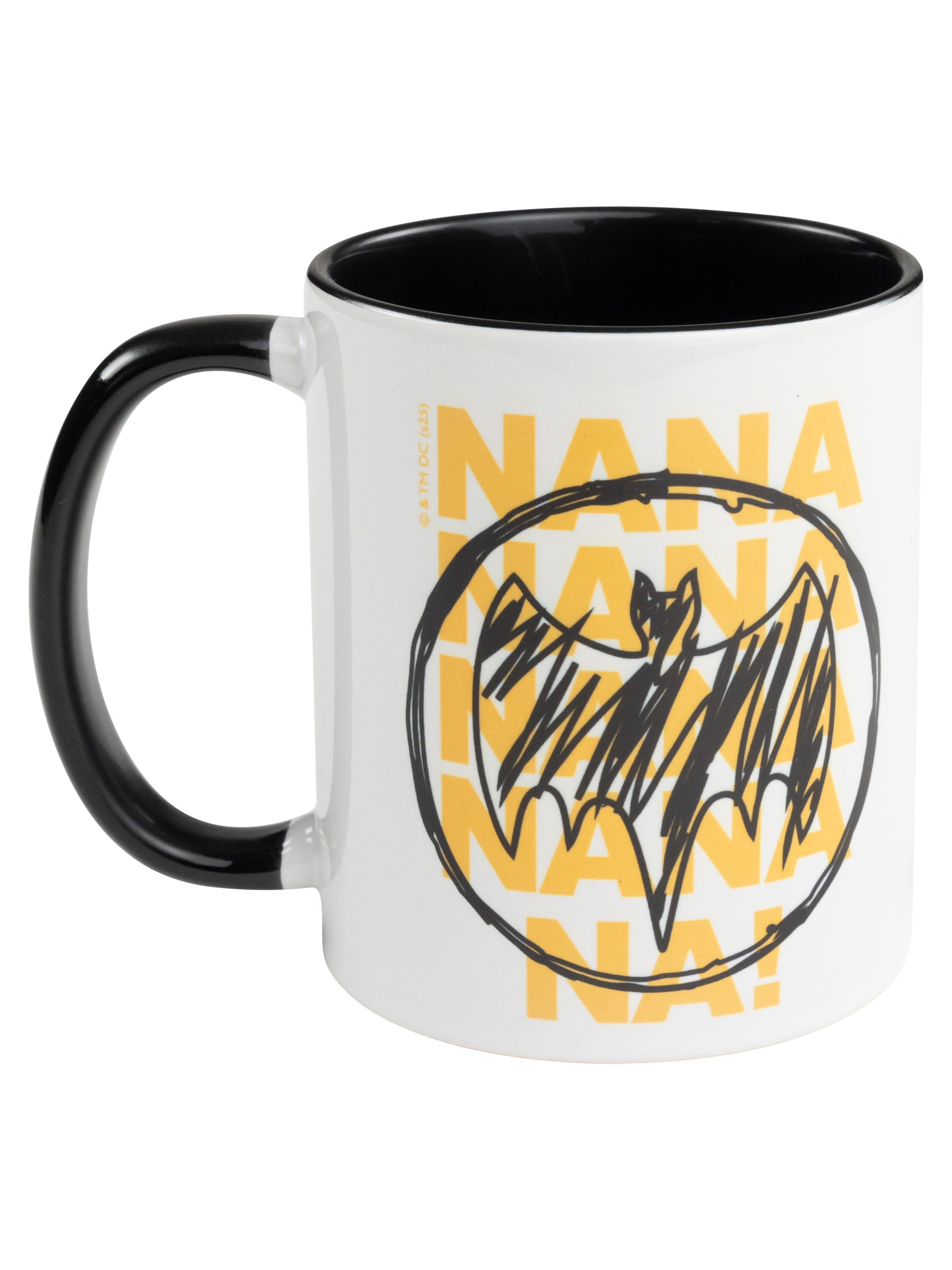 Weißer Becher mit Batman-Design. Der Hintergrund ist weiß.