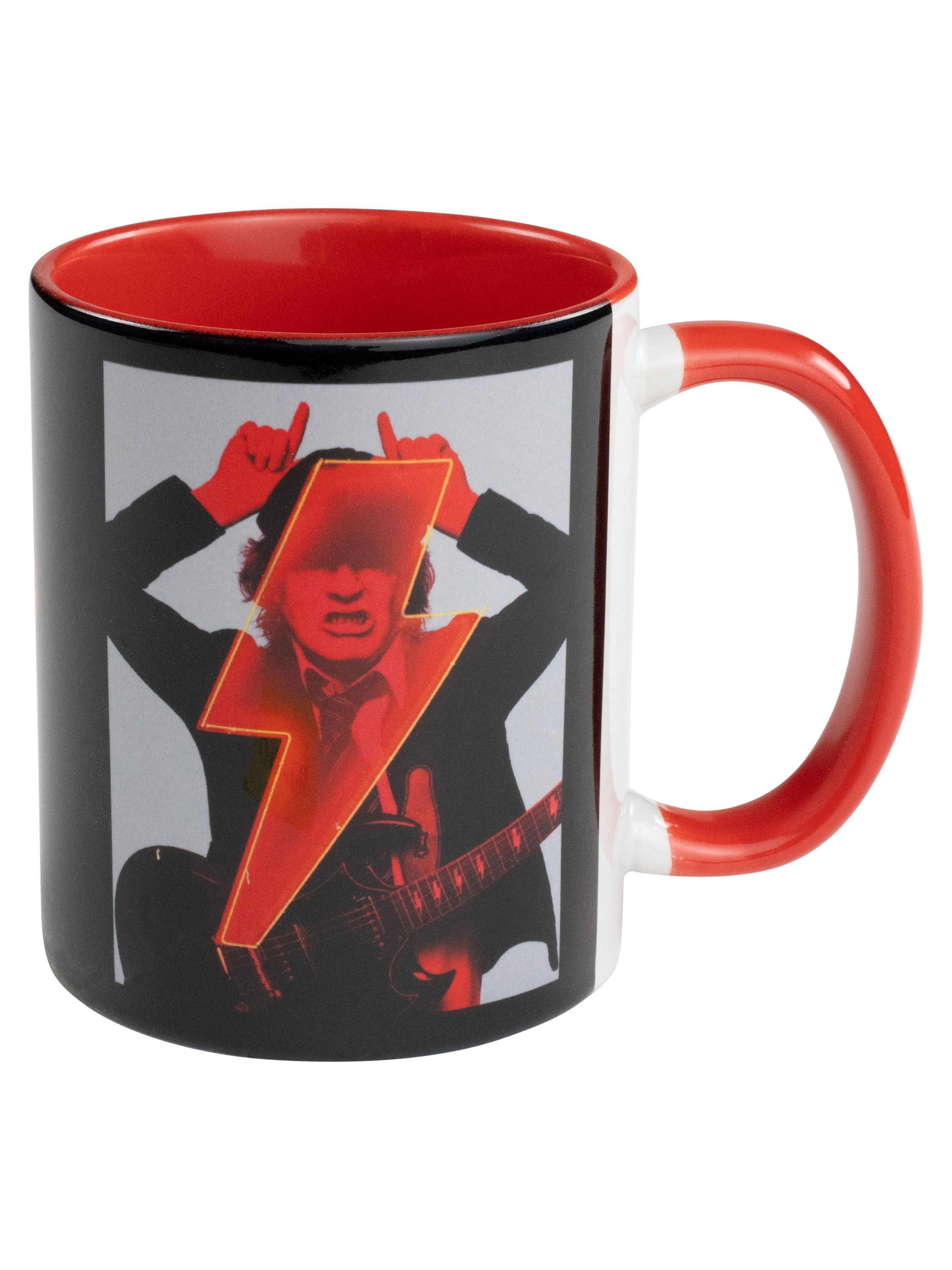 Tasse mit AC/DC-Bandbild. Roter Blitz über einer Figur, die Gitarre spielt, mit rotem Griff.