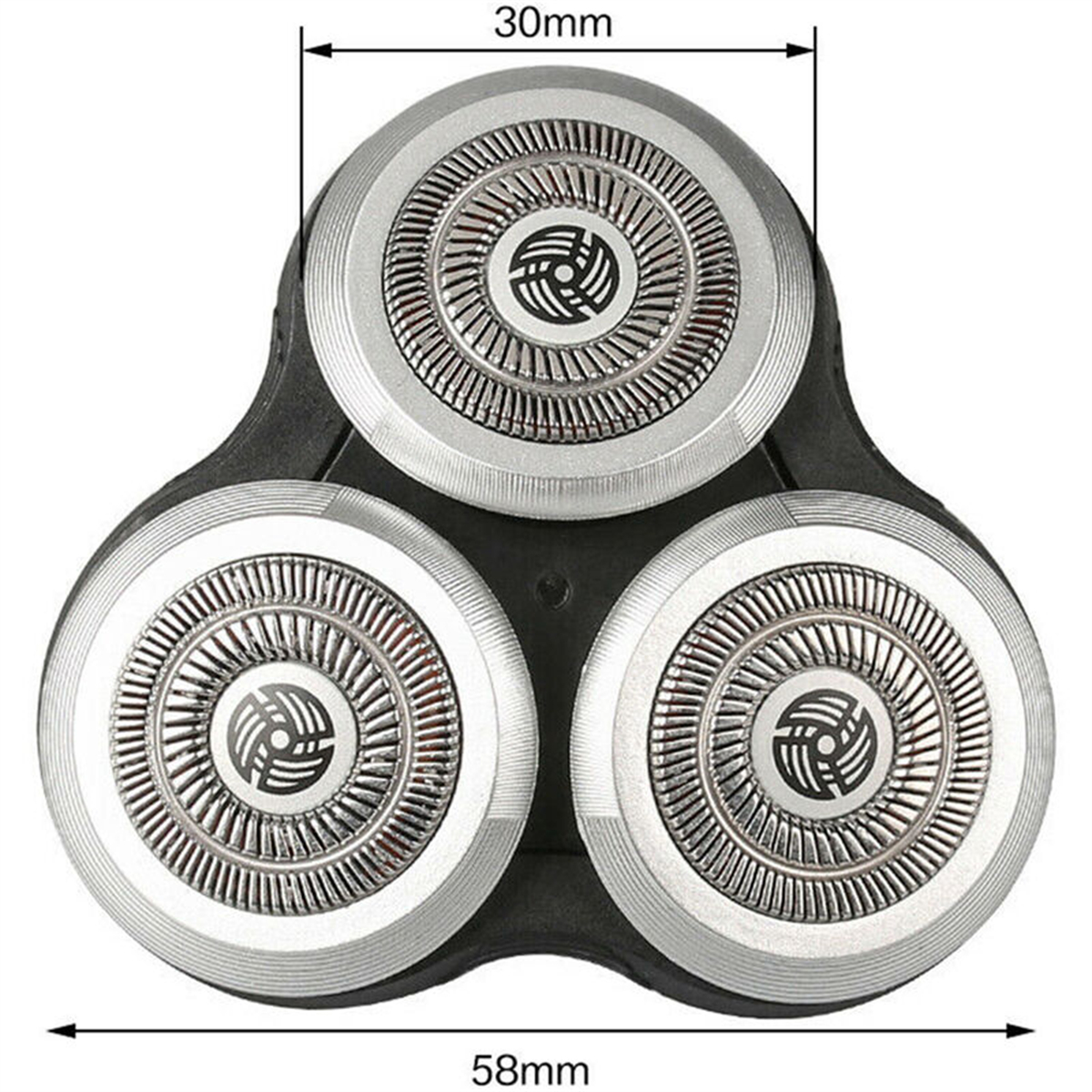 Drei Rotationsrasiererköpfe. Silber und schwarz. Die Abmessungen 30mm und 58mm sind markiert.