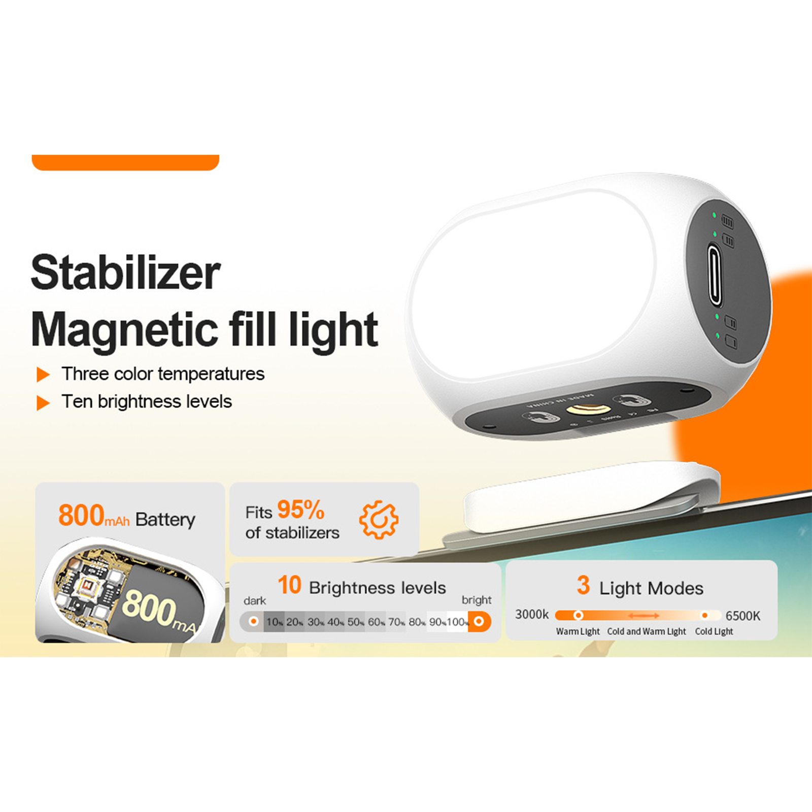 Weiße Stabilisatorleuchte mit Batterie- und Lichtmodusanzeigen sowie einem USB-Anschluss.