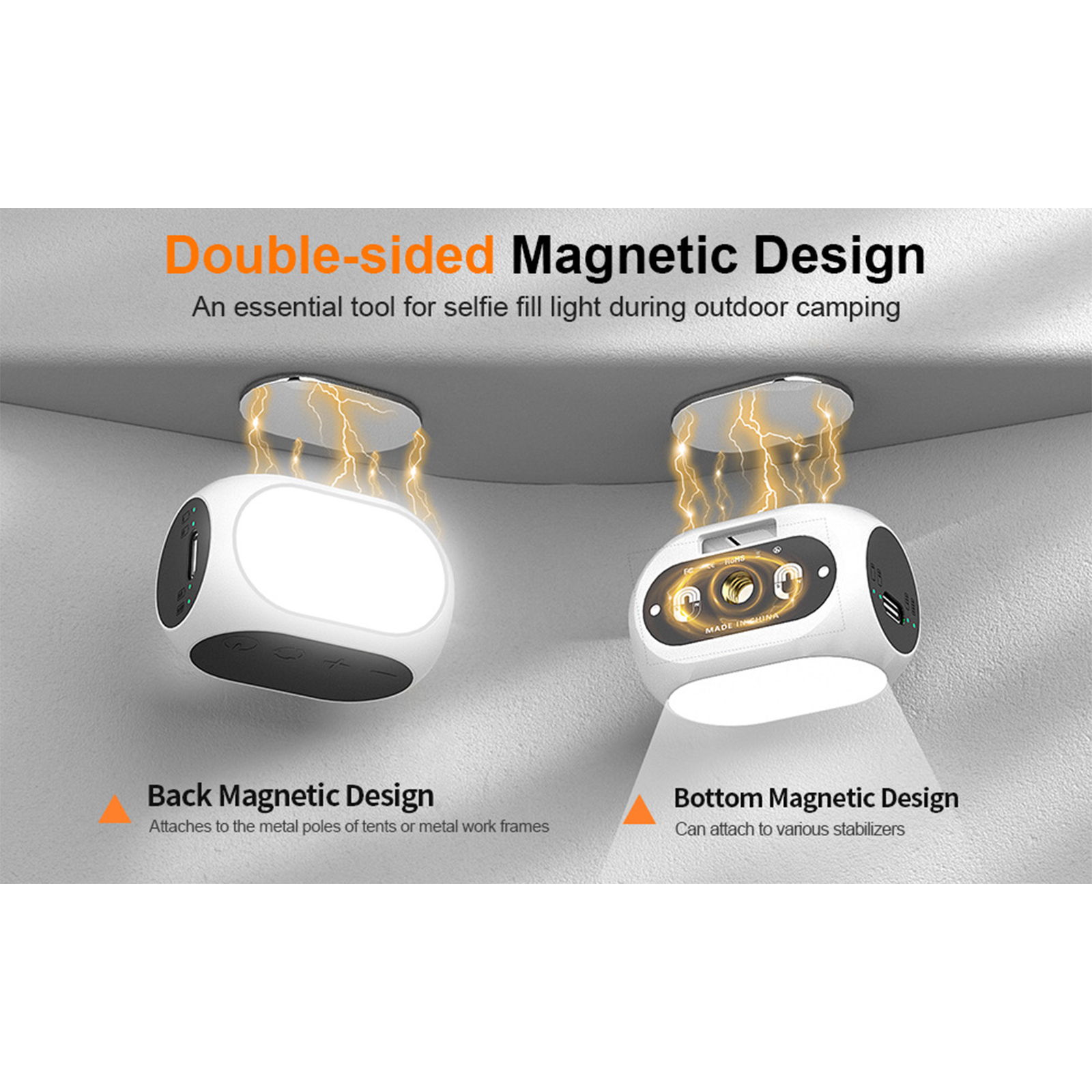 Zwei weiße Lichter mit magnetischem Rücken- und Bodendesign, für Outdoor-Camping-Selfie-Fülllicht.