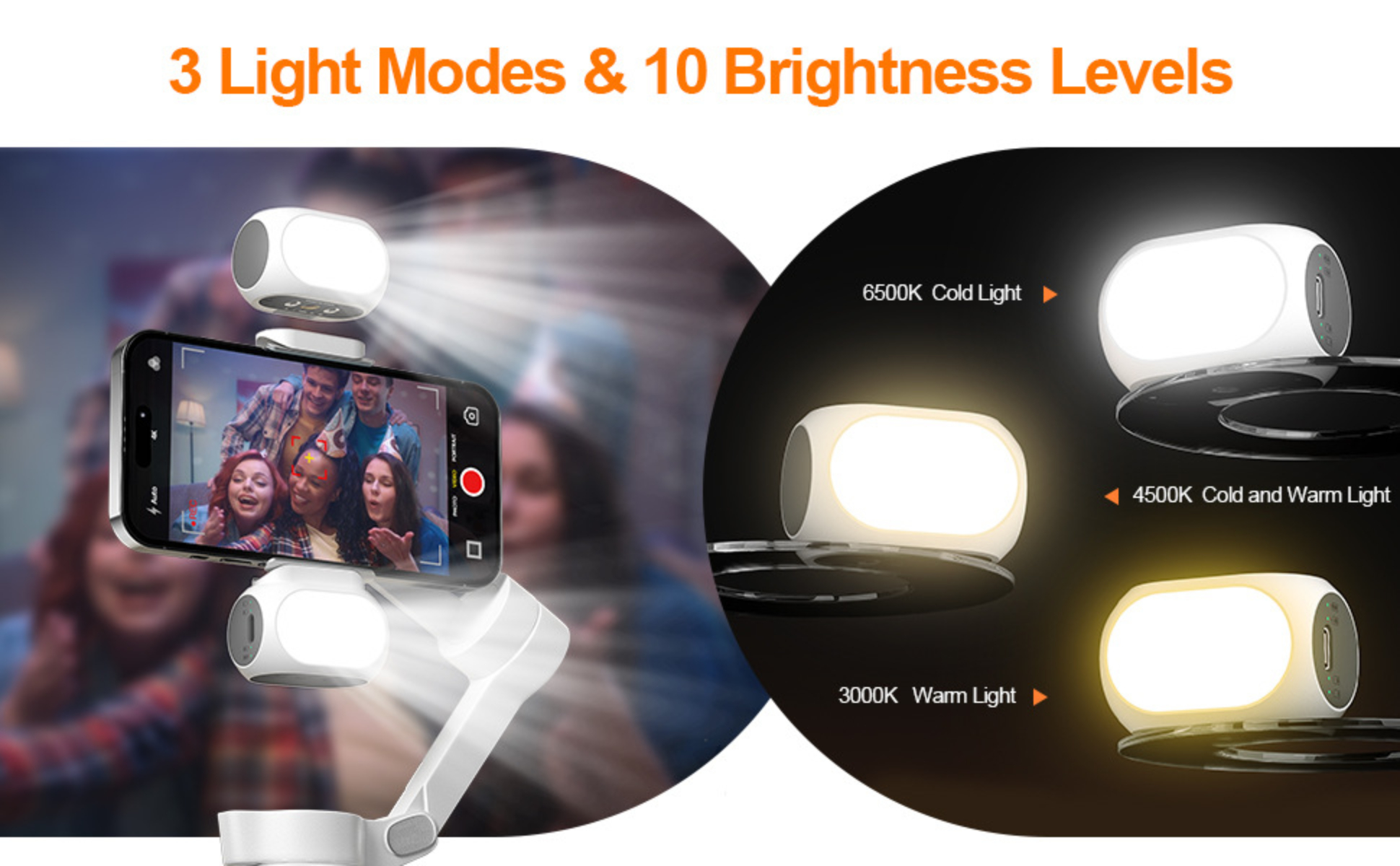 Smartphone mit Lichtmodi und Helligkeitsstufen.