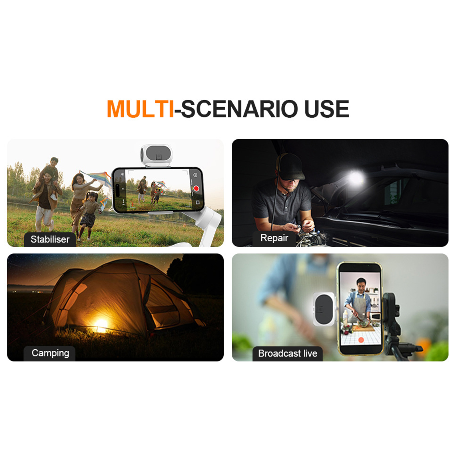 Das Bild zeigt ein Telefon mit Stabilisator, Reparatur-, Camping- und Live-Übertragungsszenarien.