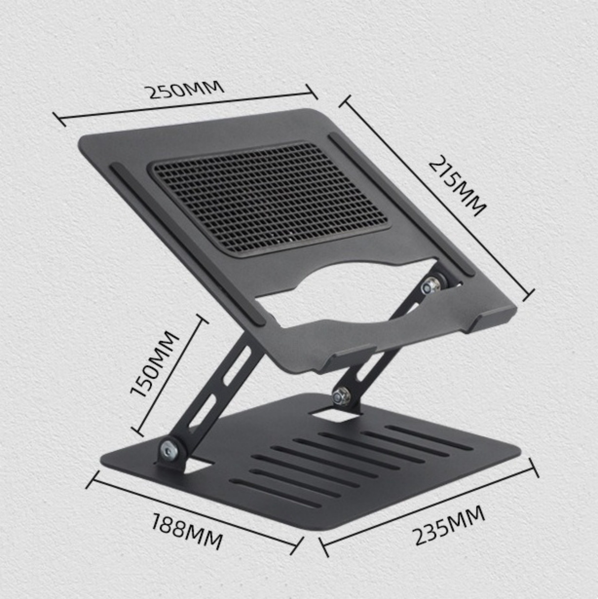 Ein schwarzer Laptopständer mit beschrifteten Abmessungen. Er befindet sich in einer abgewinkelten Position für ergonomischen Gebrauch.