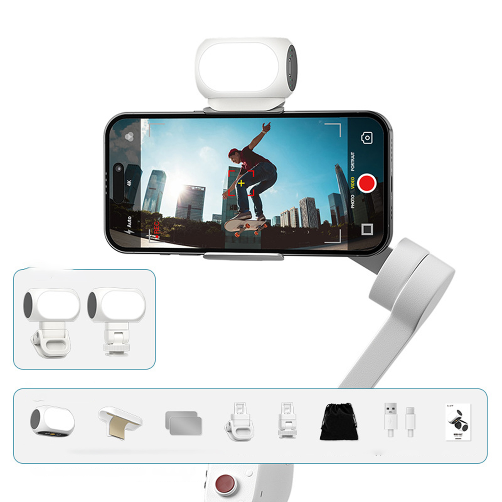 Smartphone mit montiertem Licht. Mann skatet im Hintergrund. Zubehör wie Lichter und Kabel.