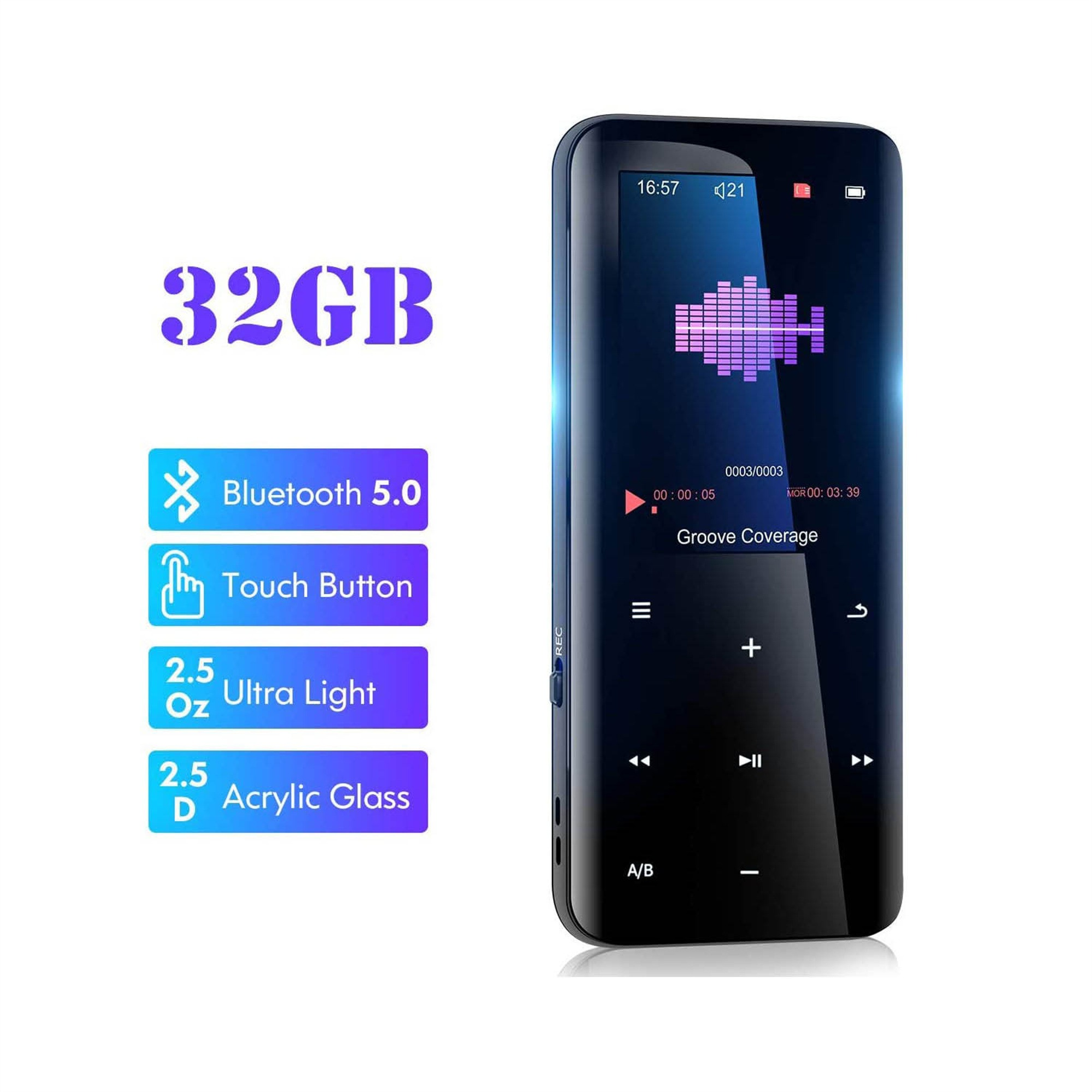 Ein schwarzer, rechteckiger MP3-Player mit Bildschirm, der Musikinformationen und Wiedergabesteuerungen anzeigt.