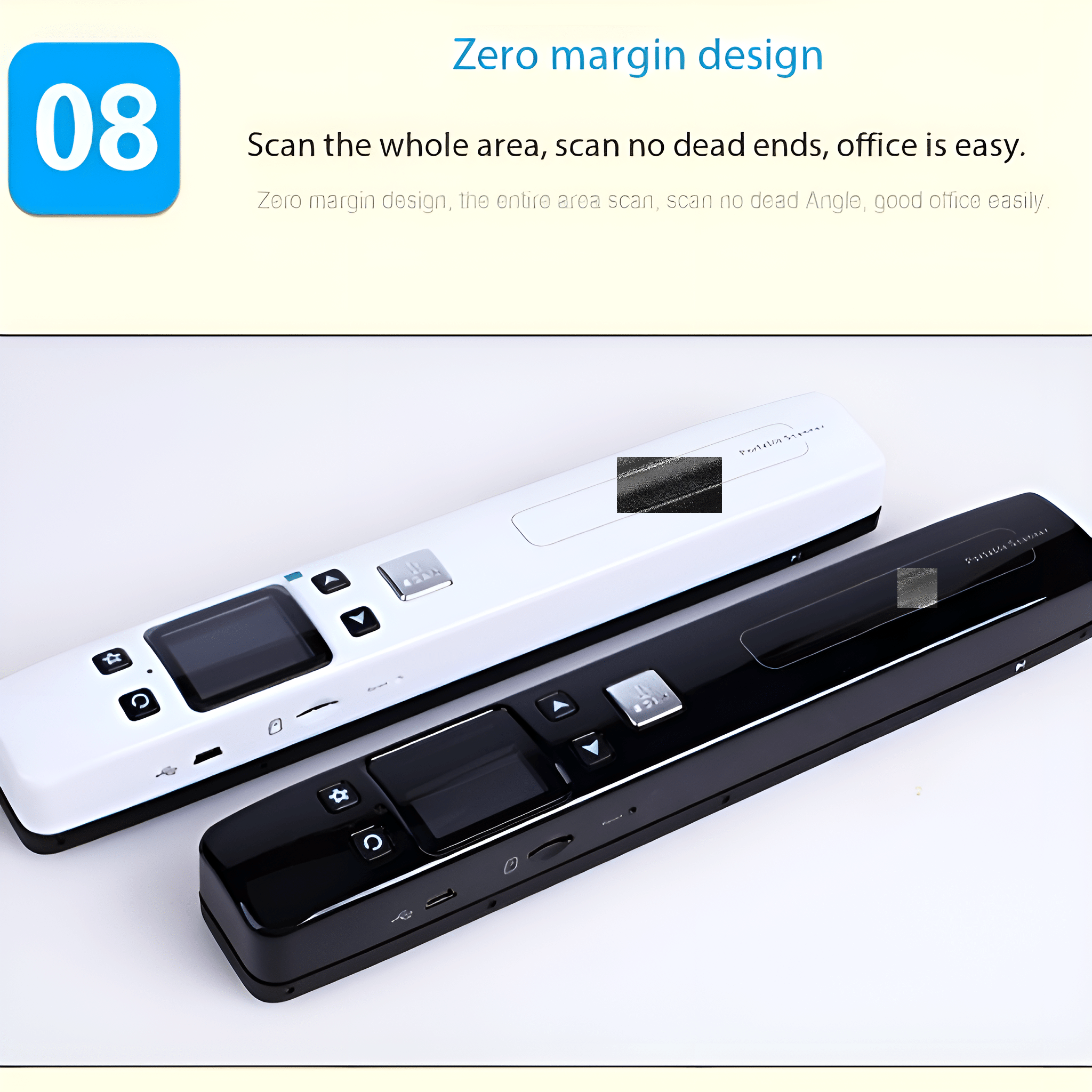 Zwei Scanner, einer schwarz und einer weiß, mit blauem Symbol und Text: Zero-Margin-Design.
