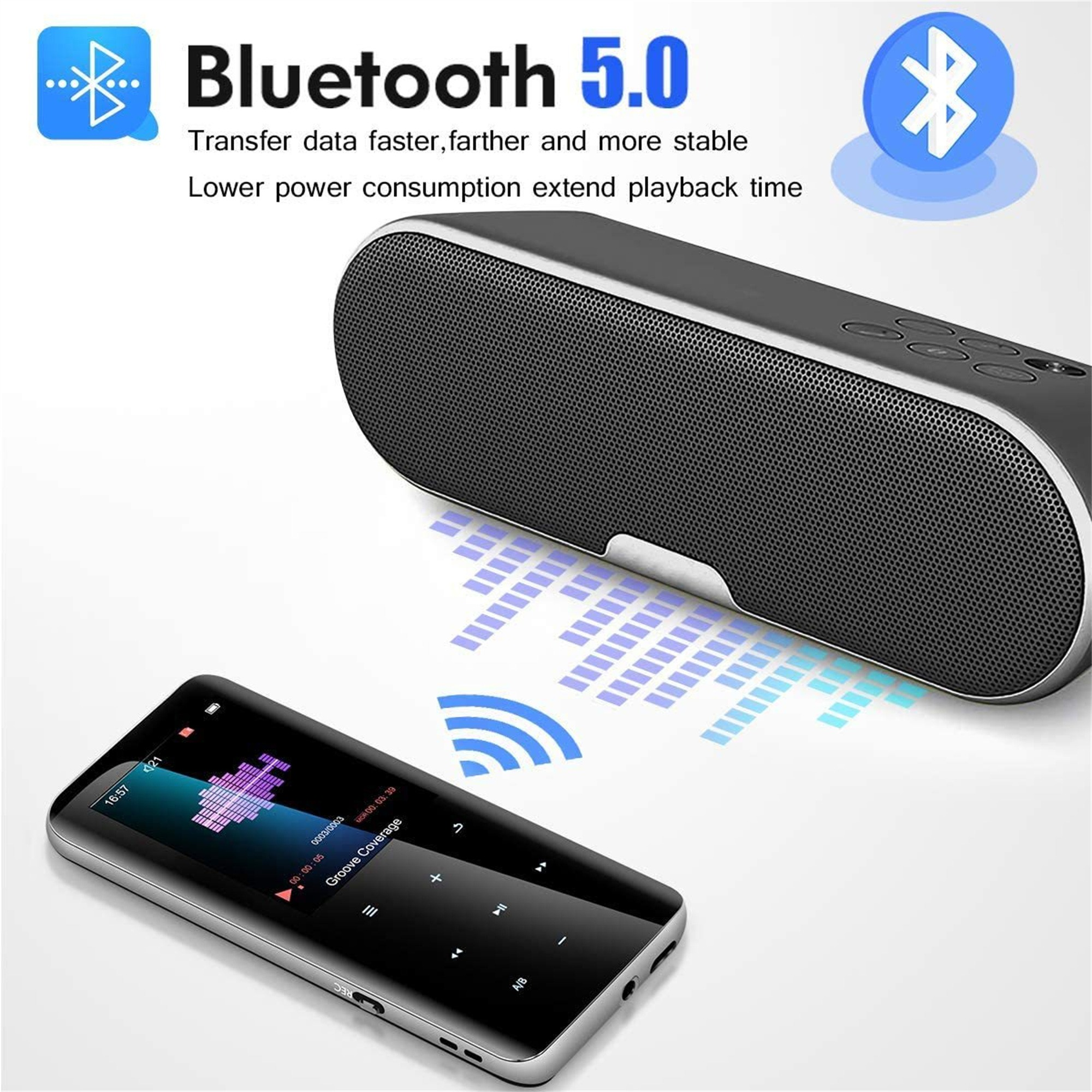 Bluetooth-Lautsprecher mit Telefon, das Musikinformationen anzeigt. Text: Bluetooth 5.0. Geringerer Stromverbrauch.