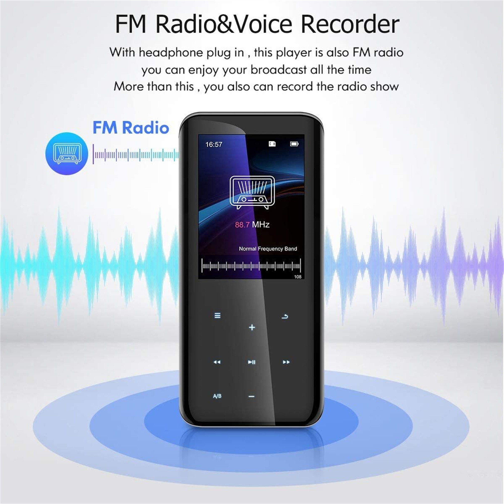 Ein schwarzer tragbarer Mediaplayer mit Bildschirm zeigt eine Radioschnittstelle mit Audio-Wellen.
