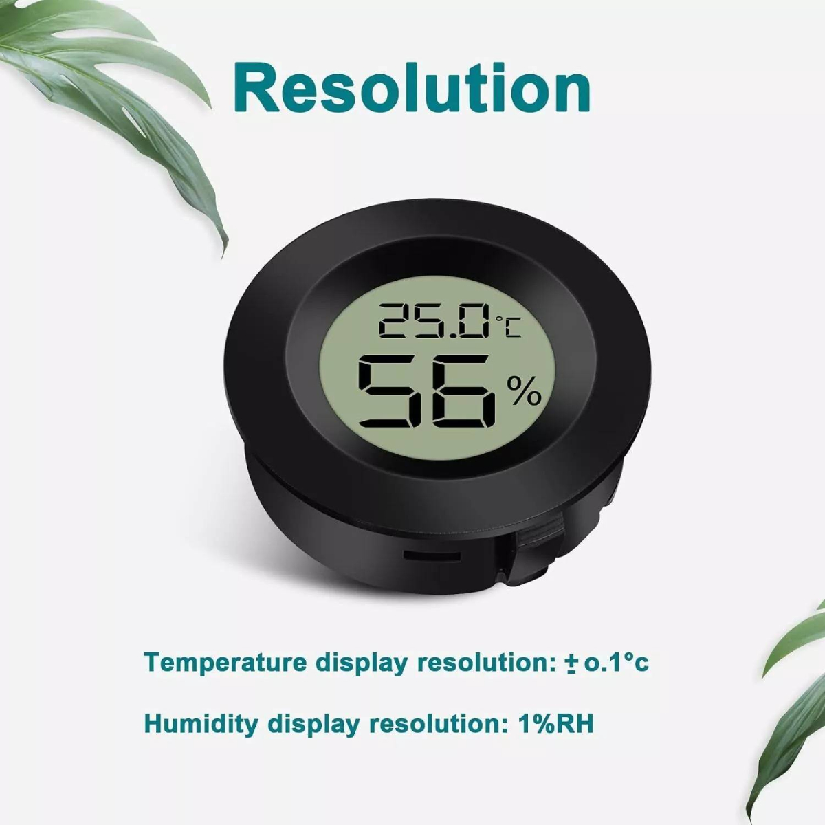 Ein schwarzes digitales Gerät mit einem Display, das Temperatur- und Feuchtigkeitsmesswerte anzeigt.