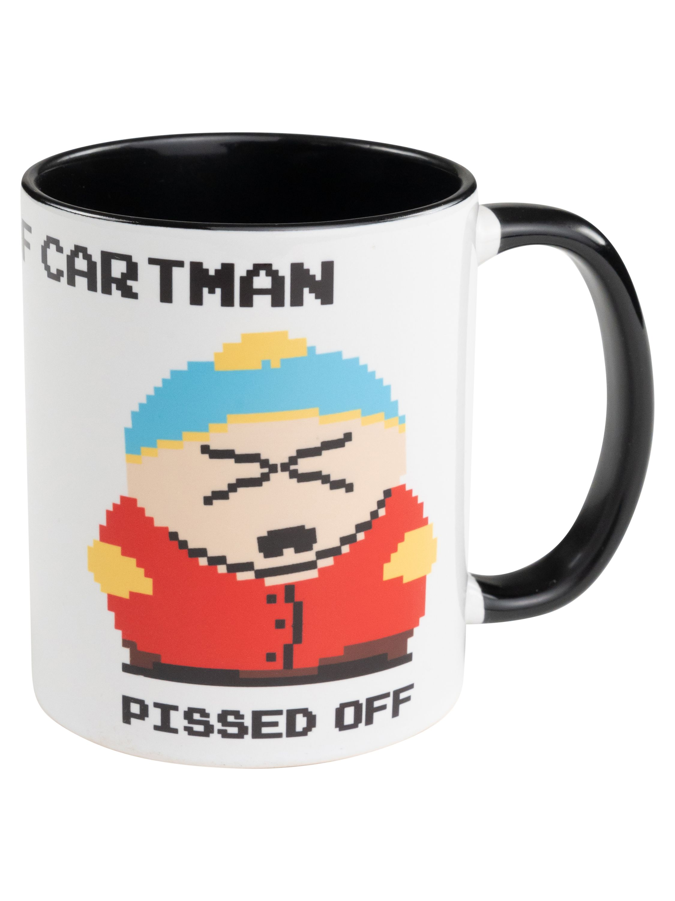 Eine weiße Tasse mit schwarzem Rand und eine pixelige Cartman-Grafik mit dem Wort 'PISSED OFF'.