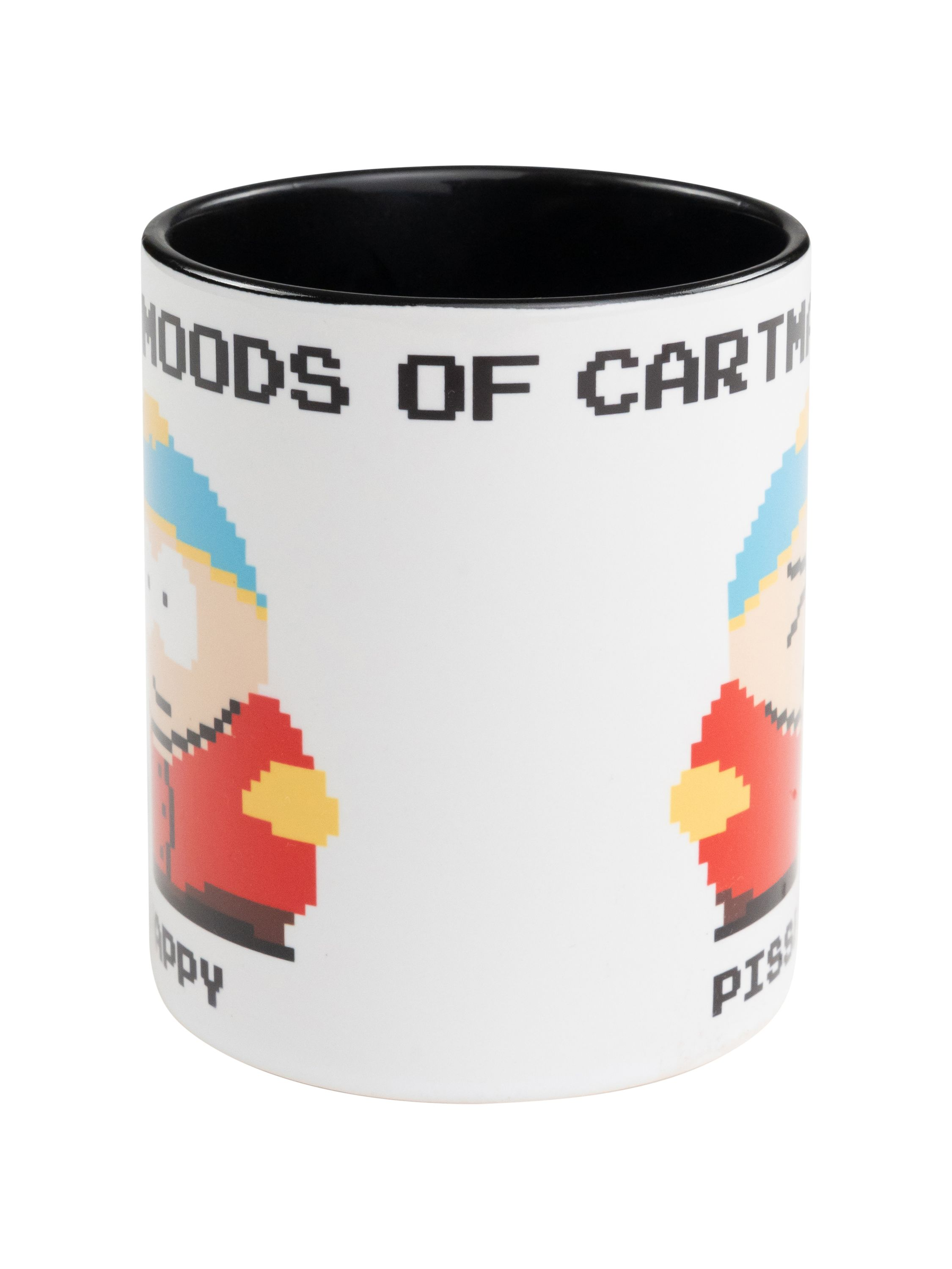 Weiße Tasse mit Zeichentrickfiguren und Text. Text: Stimmungen von Cartman. Glücklich und sauer.