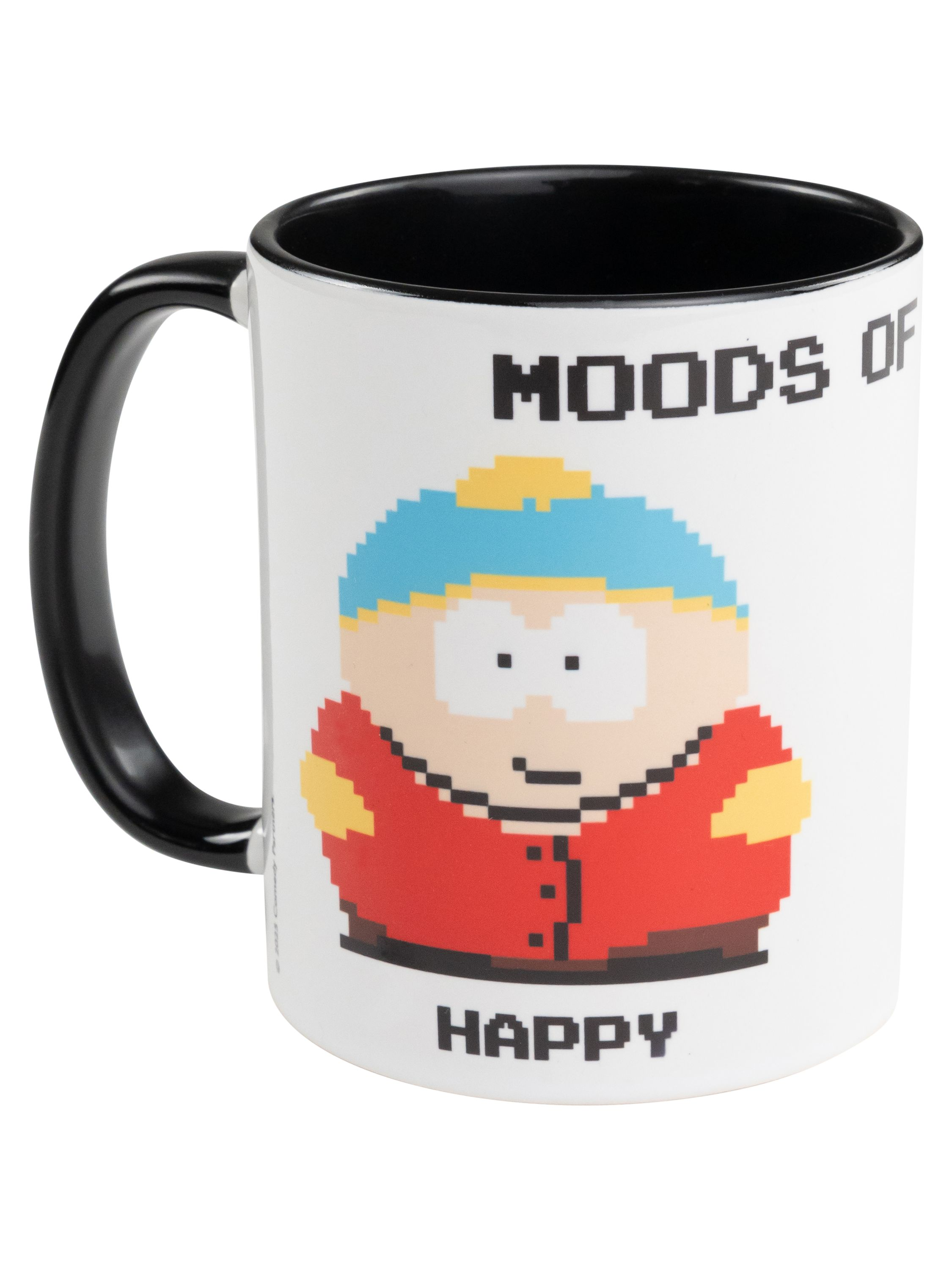 Eine weiße Tasse mit einer pixeligen Zeichentrickfigur und den Worten 'Moods Of Happy'.