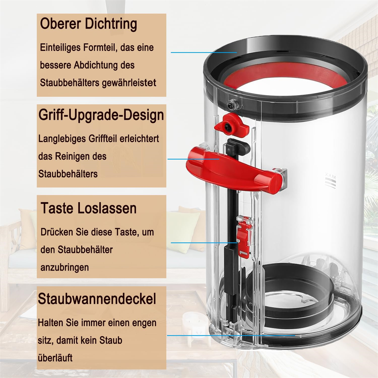 Klarer, transparenter Staubsaugerbehälter mit roten und schwarzen Teilen.