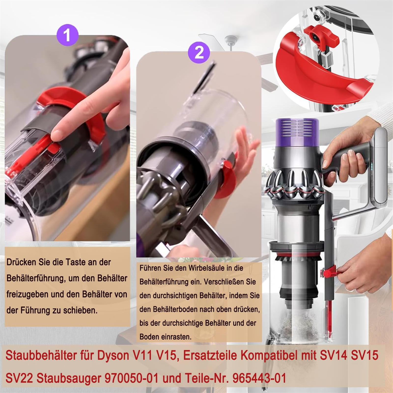 Anleitung für einen Dyson Staubsauger. Zeigt die Schritte zum Abnehmen und Wiederanbringen des Staubbehälters.