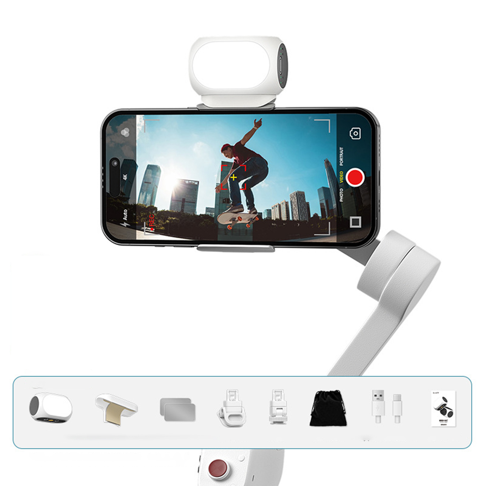 Smartphone auf einem Gimbal mit Licht, das einen Skater zeigt. Zubehör wird unten gezeigt.