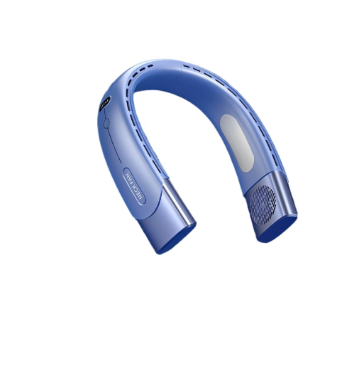 Ein blauer Nackenventilator mit silberner Verkleidung und dem Text 'NECK FAN'.
