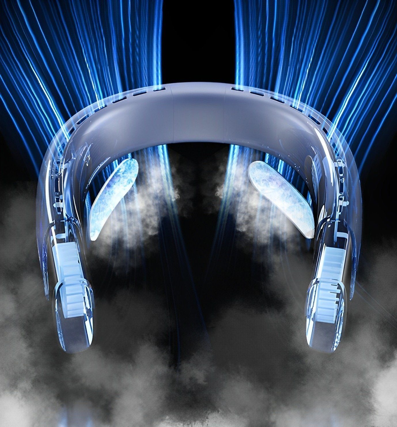 Ein Nackenventilator, der Nebel sprüht und blaue Linien, die den Luftstrom darstellen. Es ist klar und hat zwei Kühlpads.