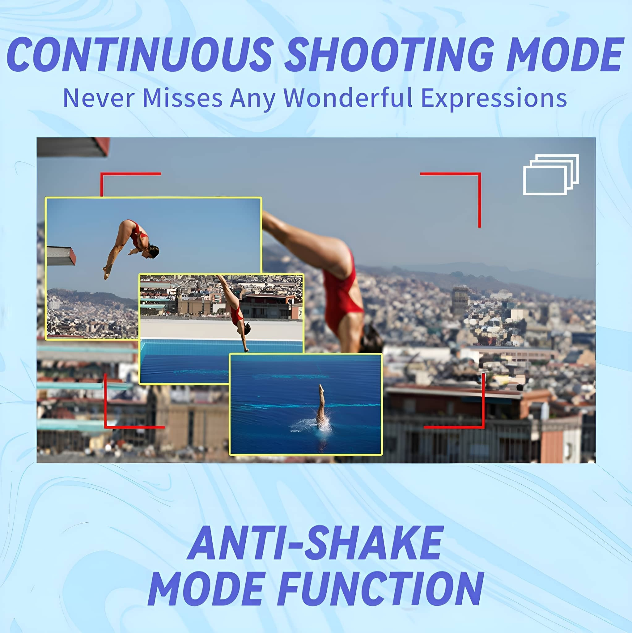 Eine Collage von Bildern zeigt eine Frau beim Tauchen. Bildunterschriften: Continuous Shooting Mode und Anti-Shake Mode Function.
