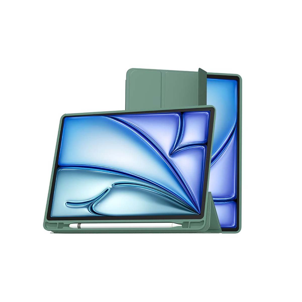 Tablet verde con custodia. Lo schermo mostra un design blu. Stilo in basso.