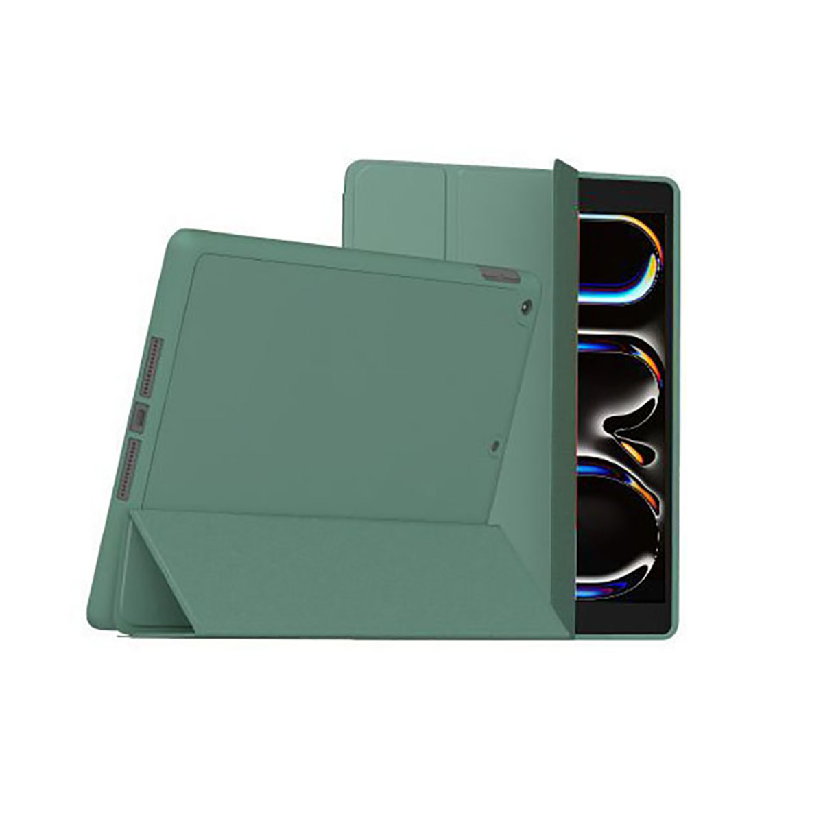 Custodia per tablet verde, aperta, con lo schermo del tablet che mostra un'immagine astratta colorata.