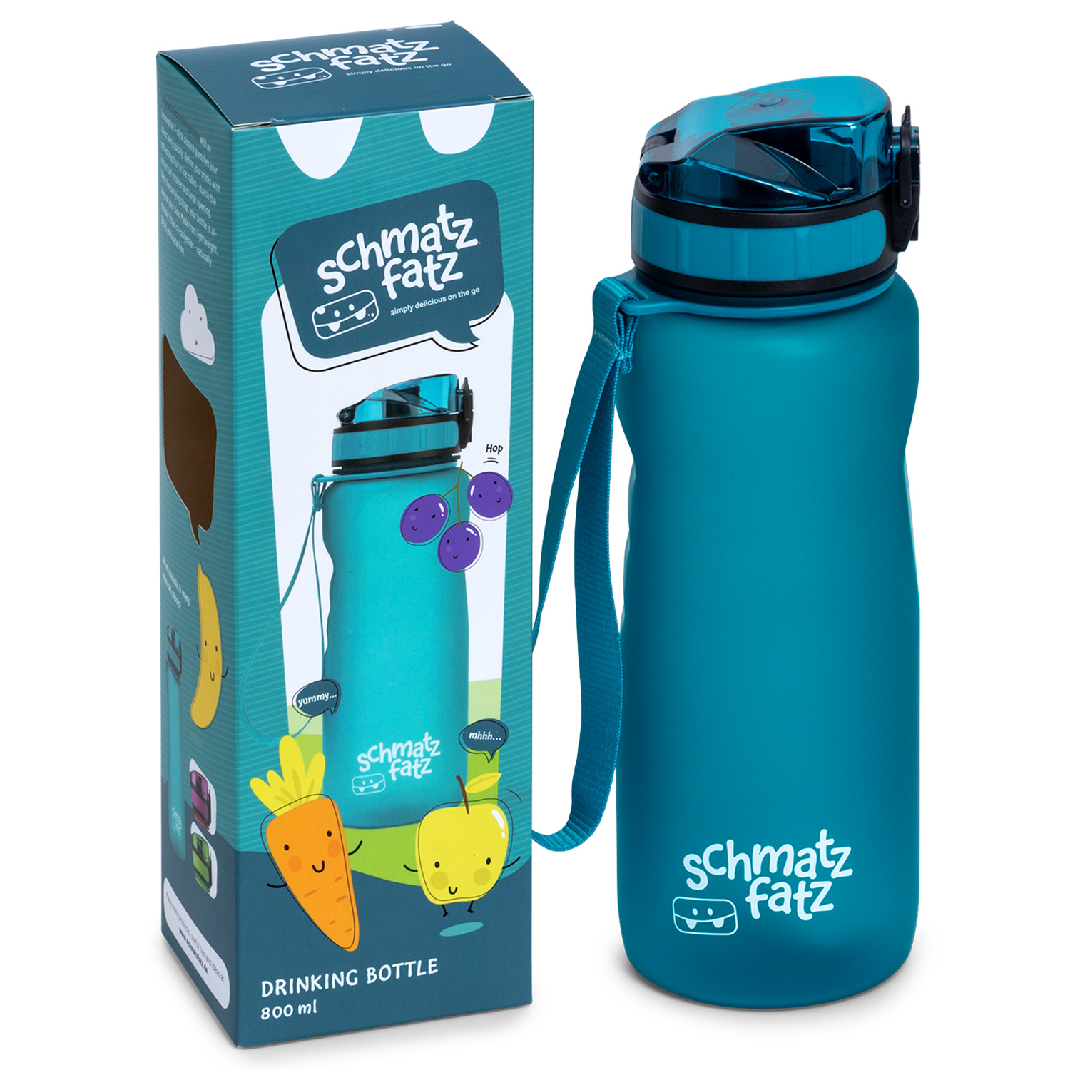 Eine türkisfarbene Wasserflasche mit Text und eine Box mit Bildern von Obst und Gemüse.