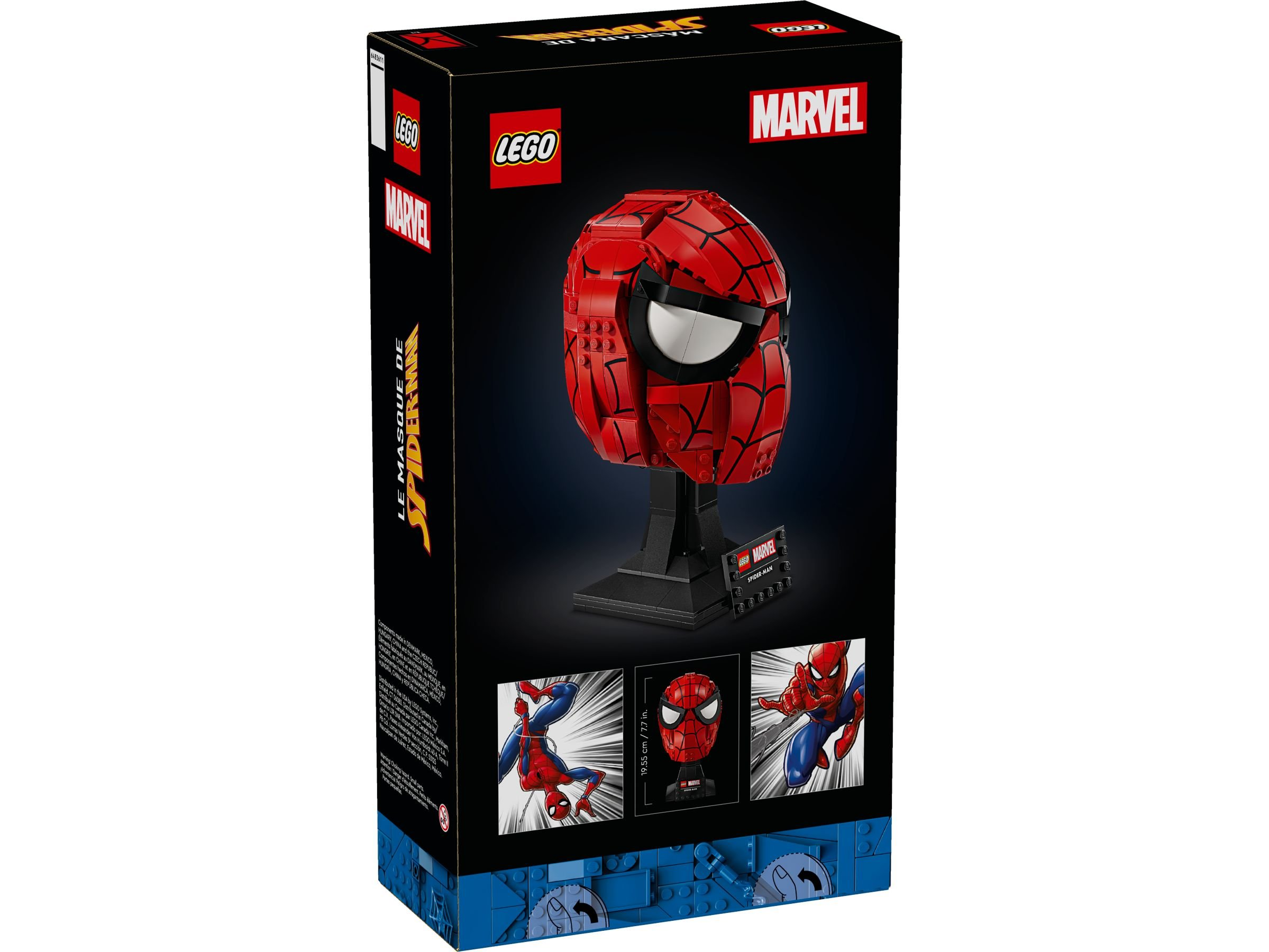Model głowy Lego Spider-Man w czarnym pudełku, ze zdjęciami głowy i Spidermana.