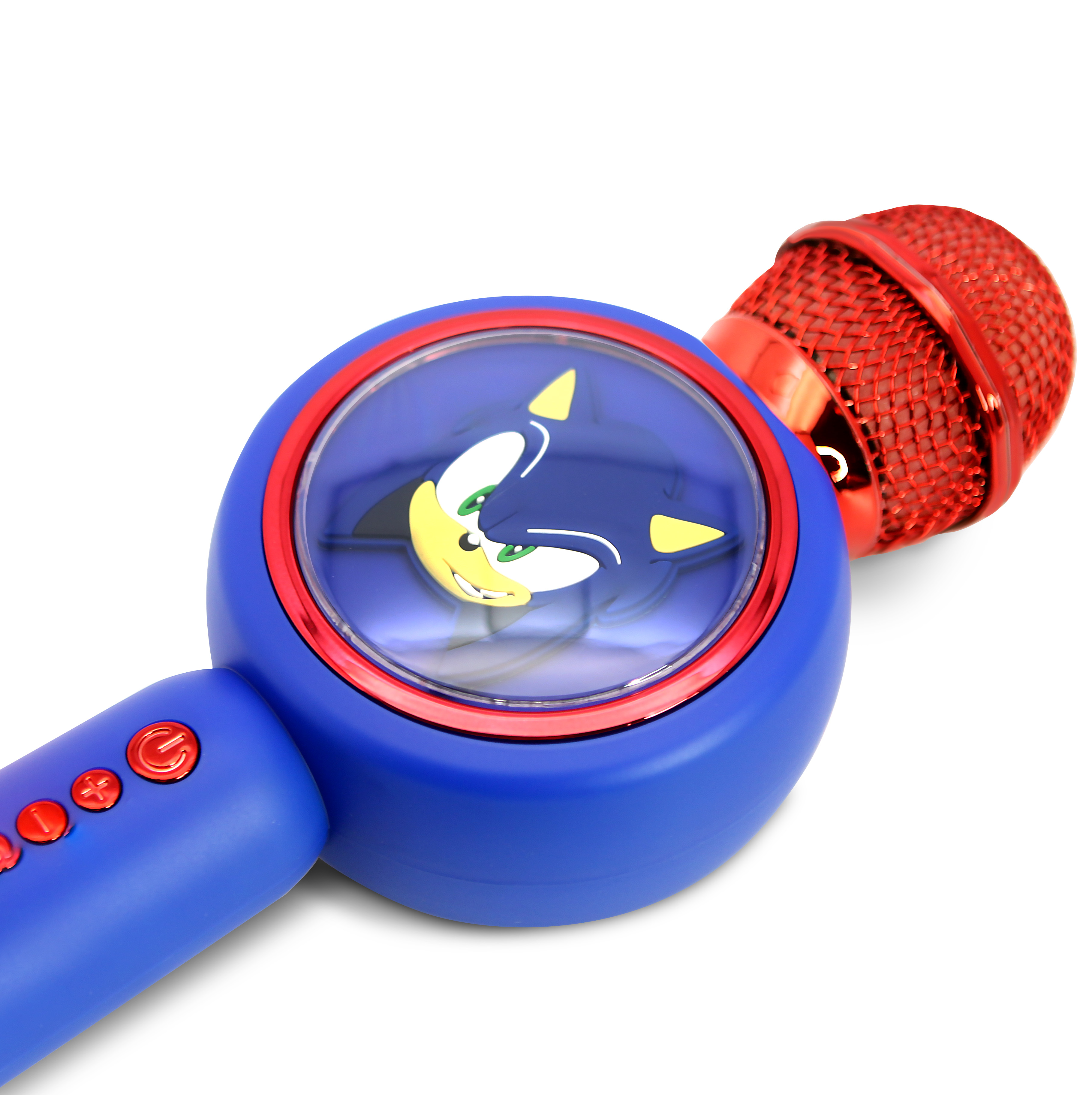 Sonic microphone toy. Red microphone head. Blue handle with buttons. White background.