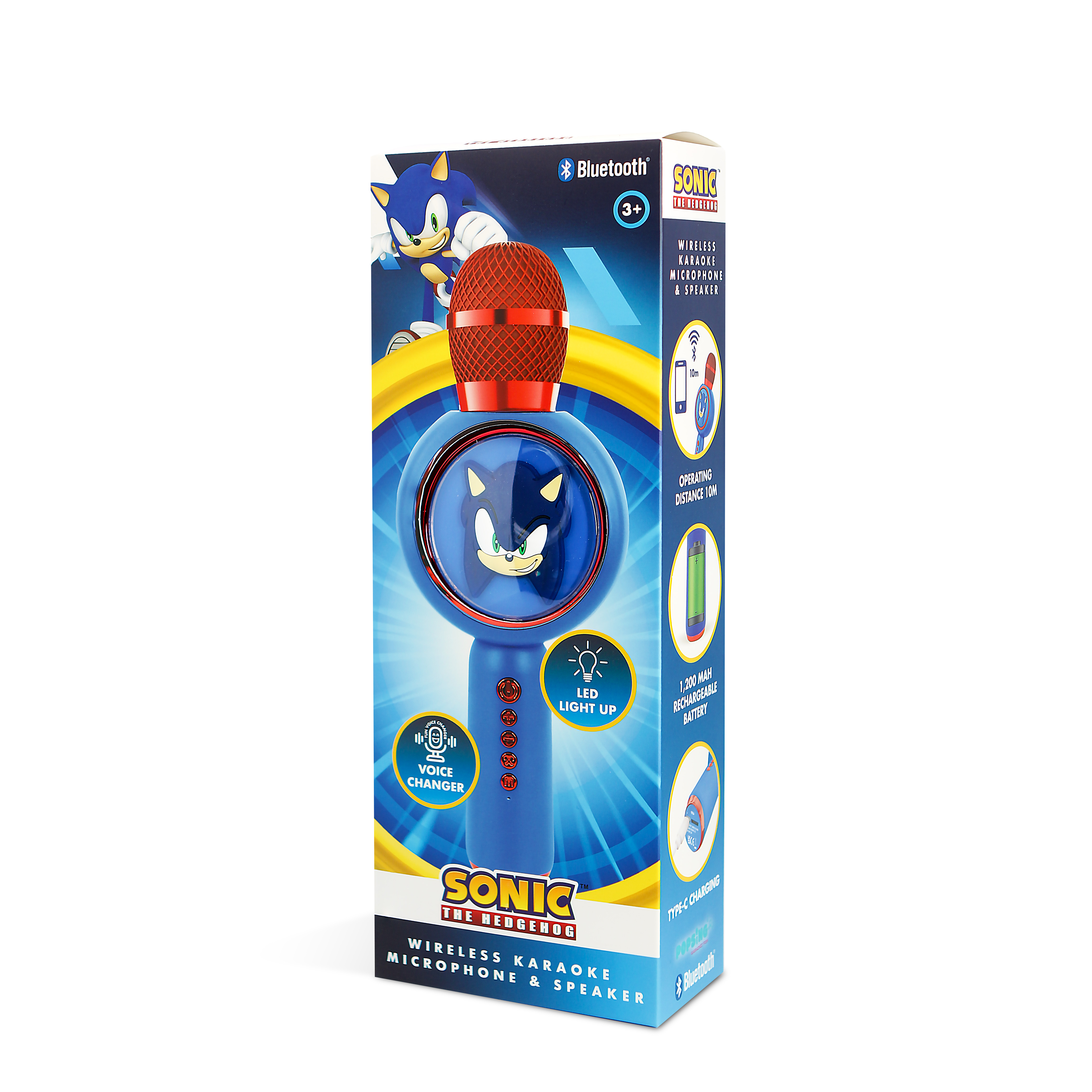 Sonic the Hedgehog karaoke microphone in a box. It is blue and red, with images of Sonic.