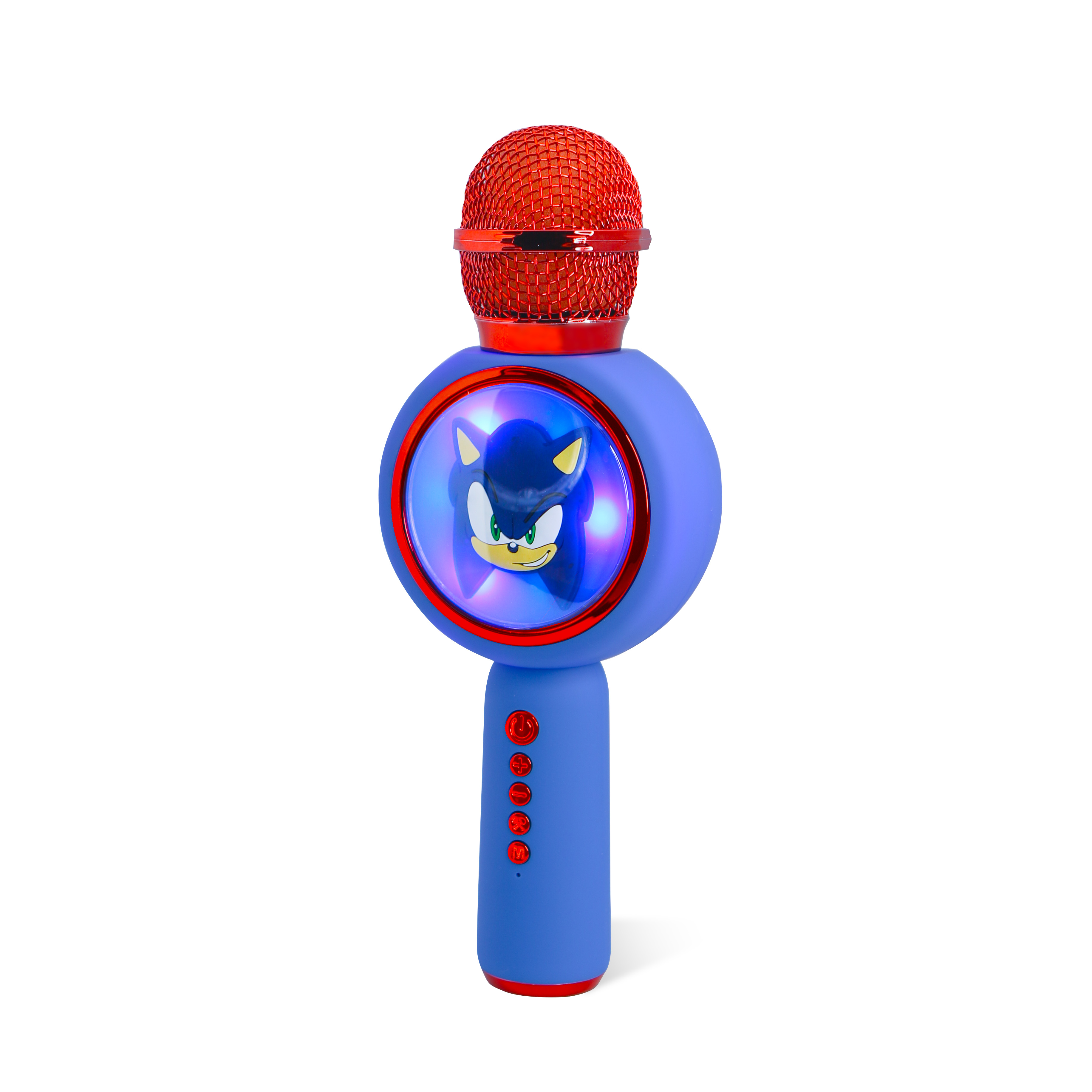 Blue Sonic microphone with red mesh top, Sonic's face in a lighted blue circle.