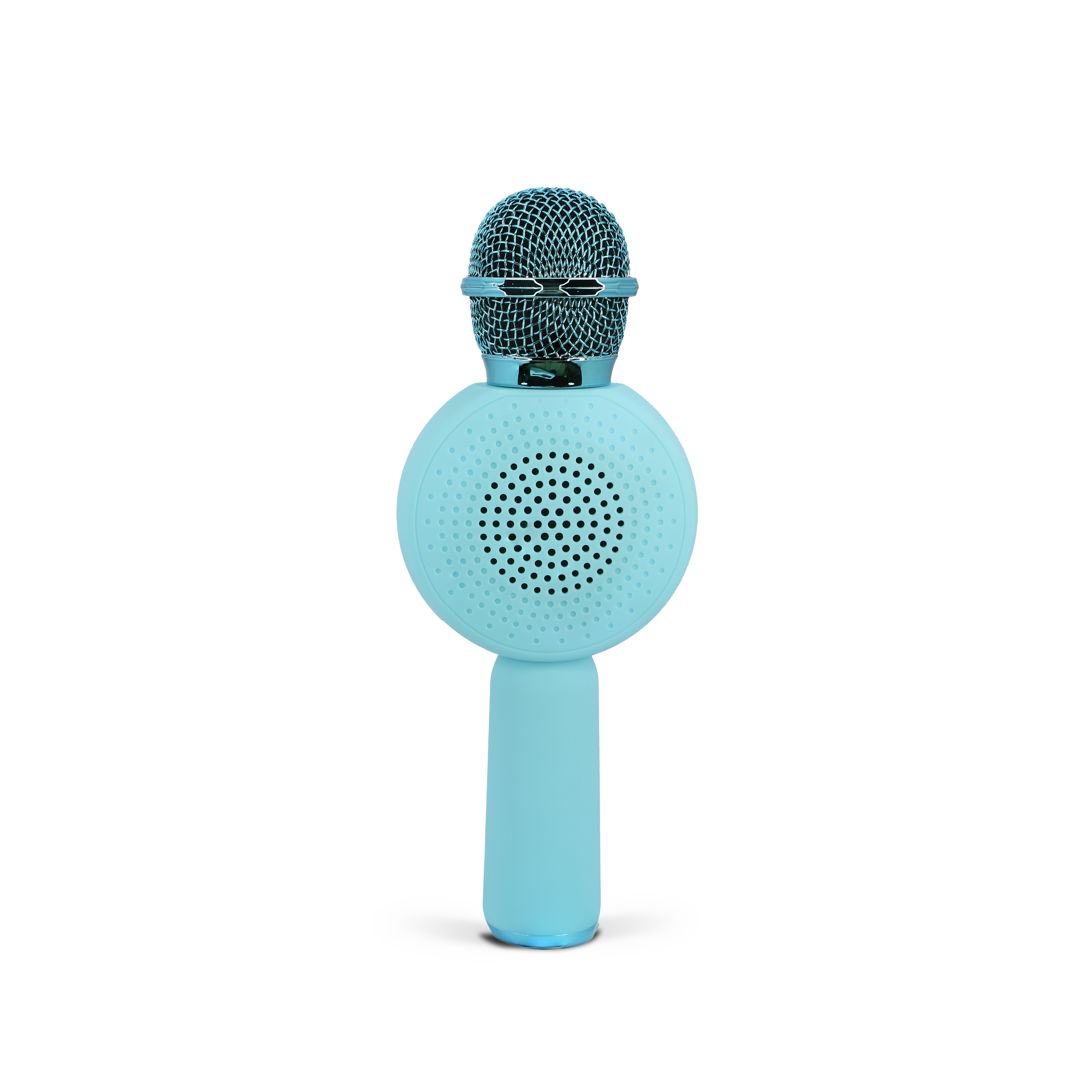 Blue microphone with a round base and a handle. Isolated on white background.