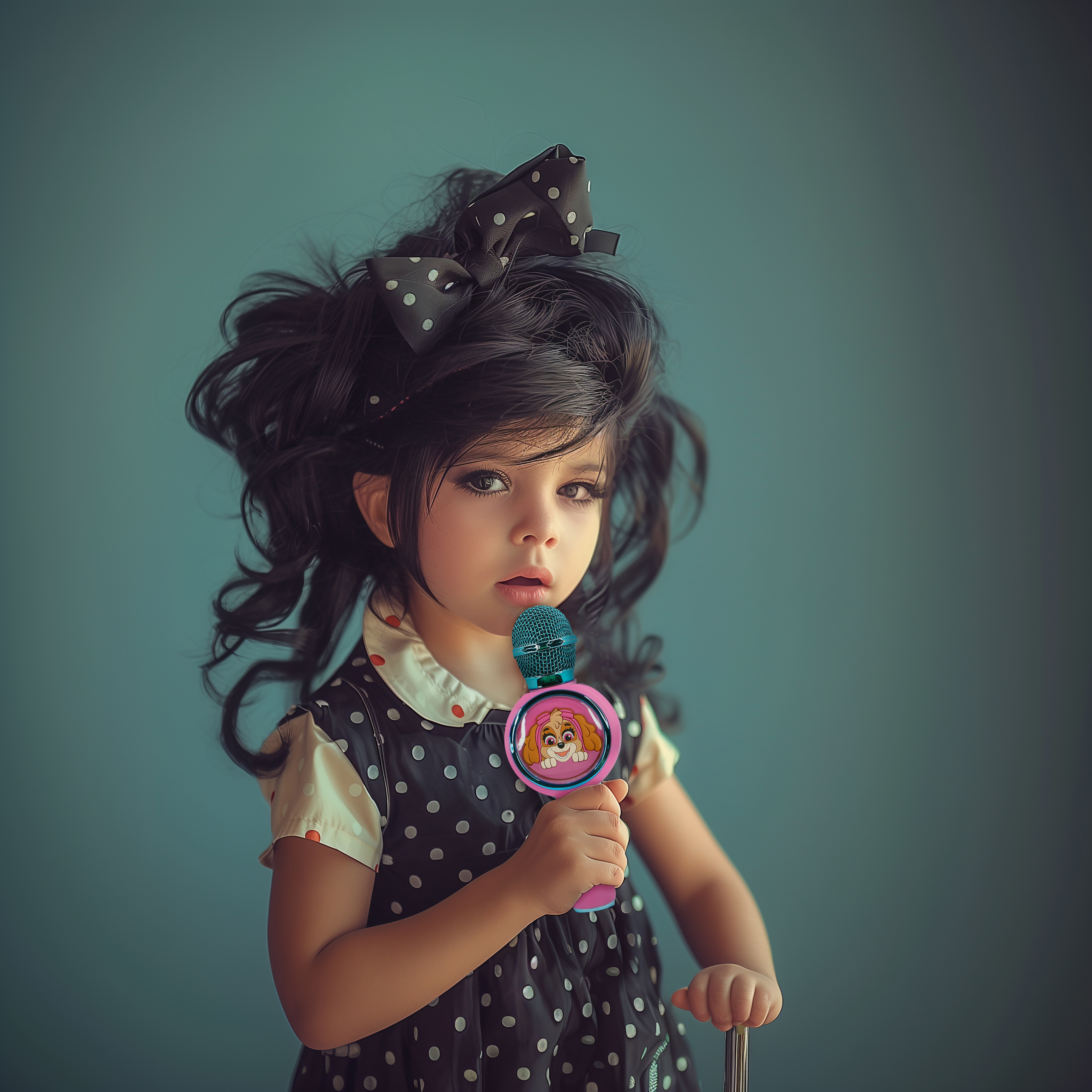 Young girl with microphone. Black hair, polka dot dress, and large bow. Blue background.