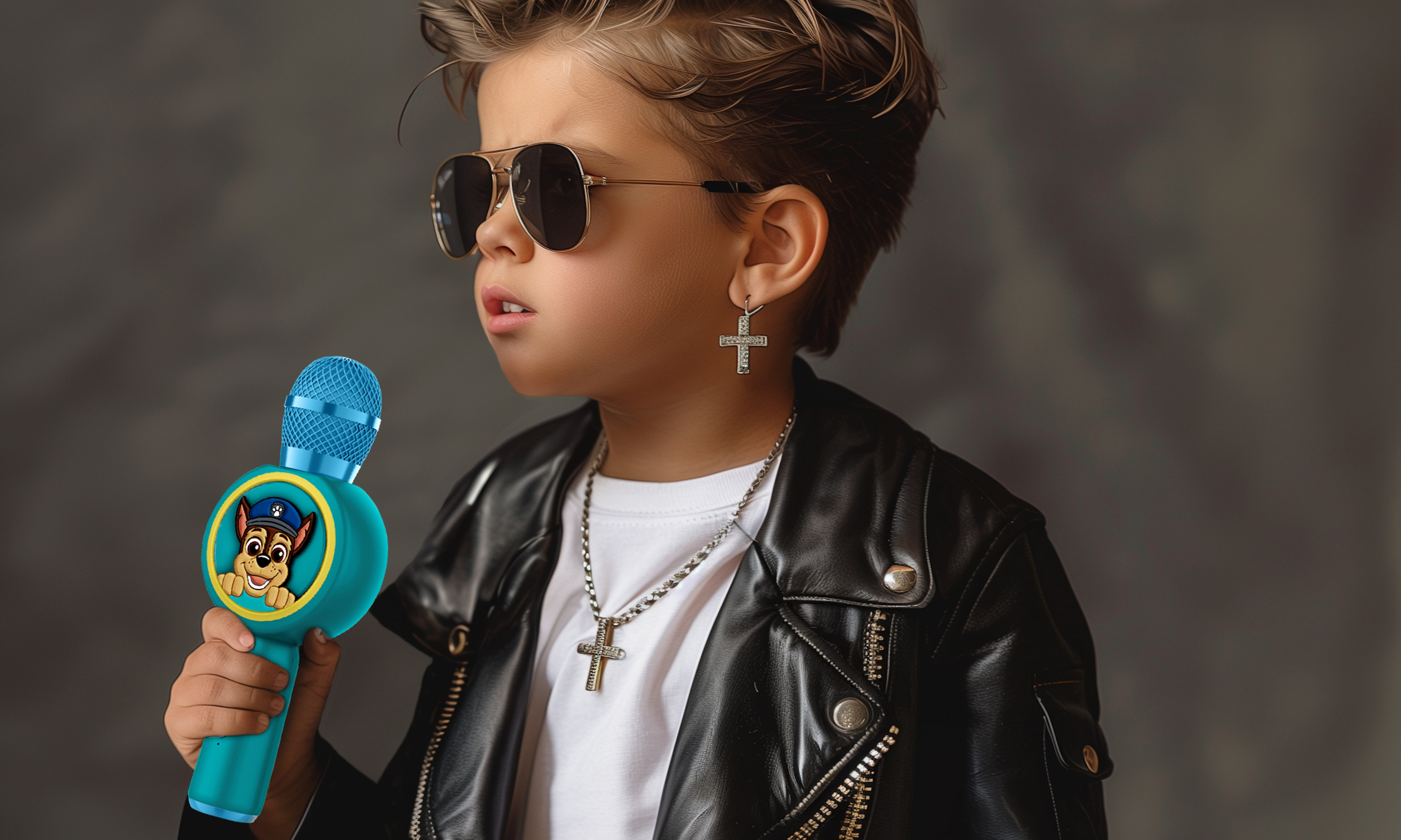A young boy in sunglasses and a leather jacket is holding a blue PAW Patrol microphone.
