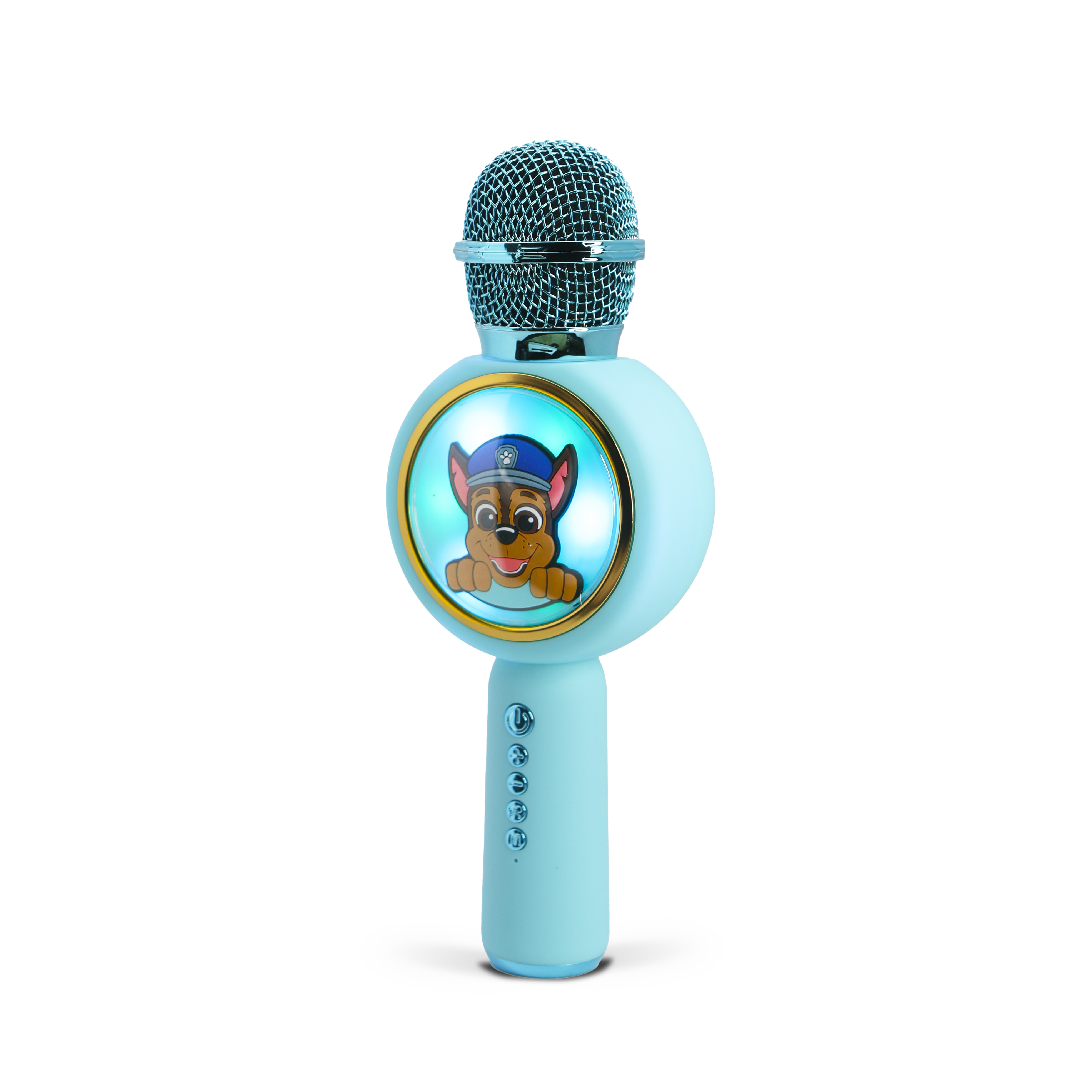 Blue microphone toy with Chase from Paw Patrol. It has buttons and a handle. White background.