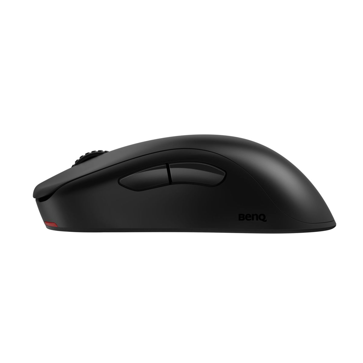 A black computer mouse seen from above, with two buttons and a scroll wheel, on a white background.