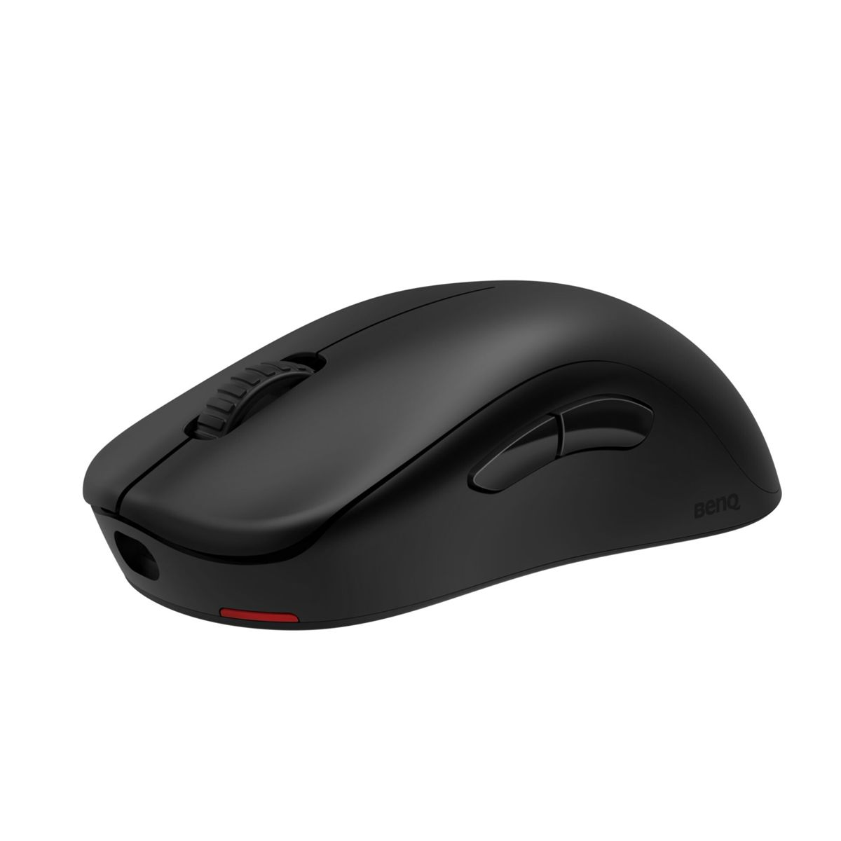 Black computer mouse with side buttons and a scroll wheel. The brand name is BenQ.