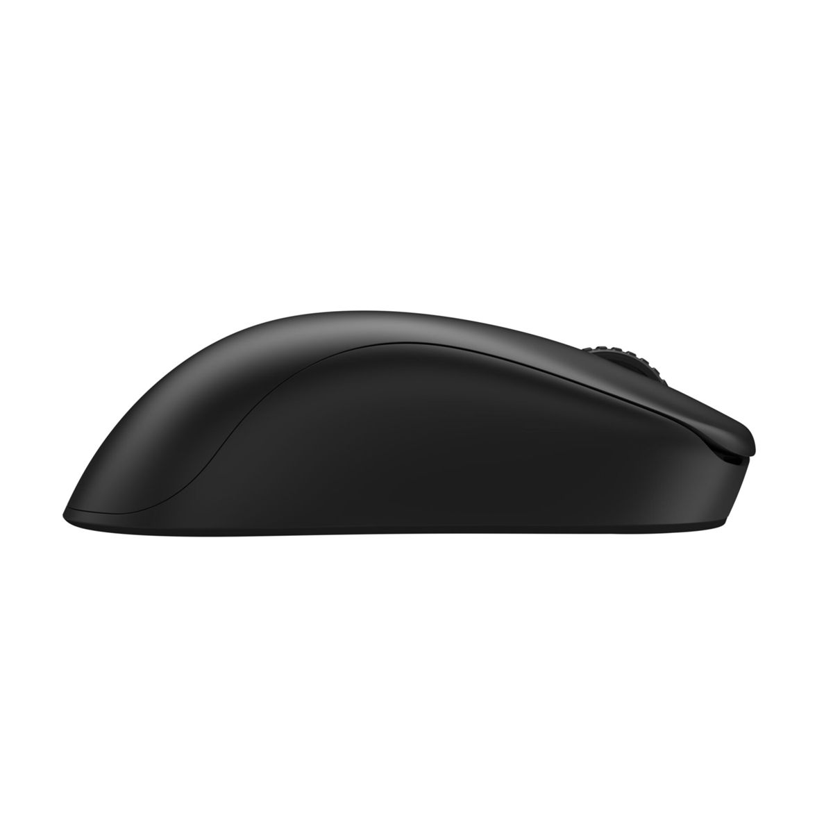 A black computer mouse. It is smooth and ergonomic. The mouse is viewed from the side.