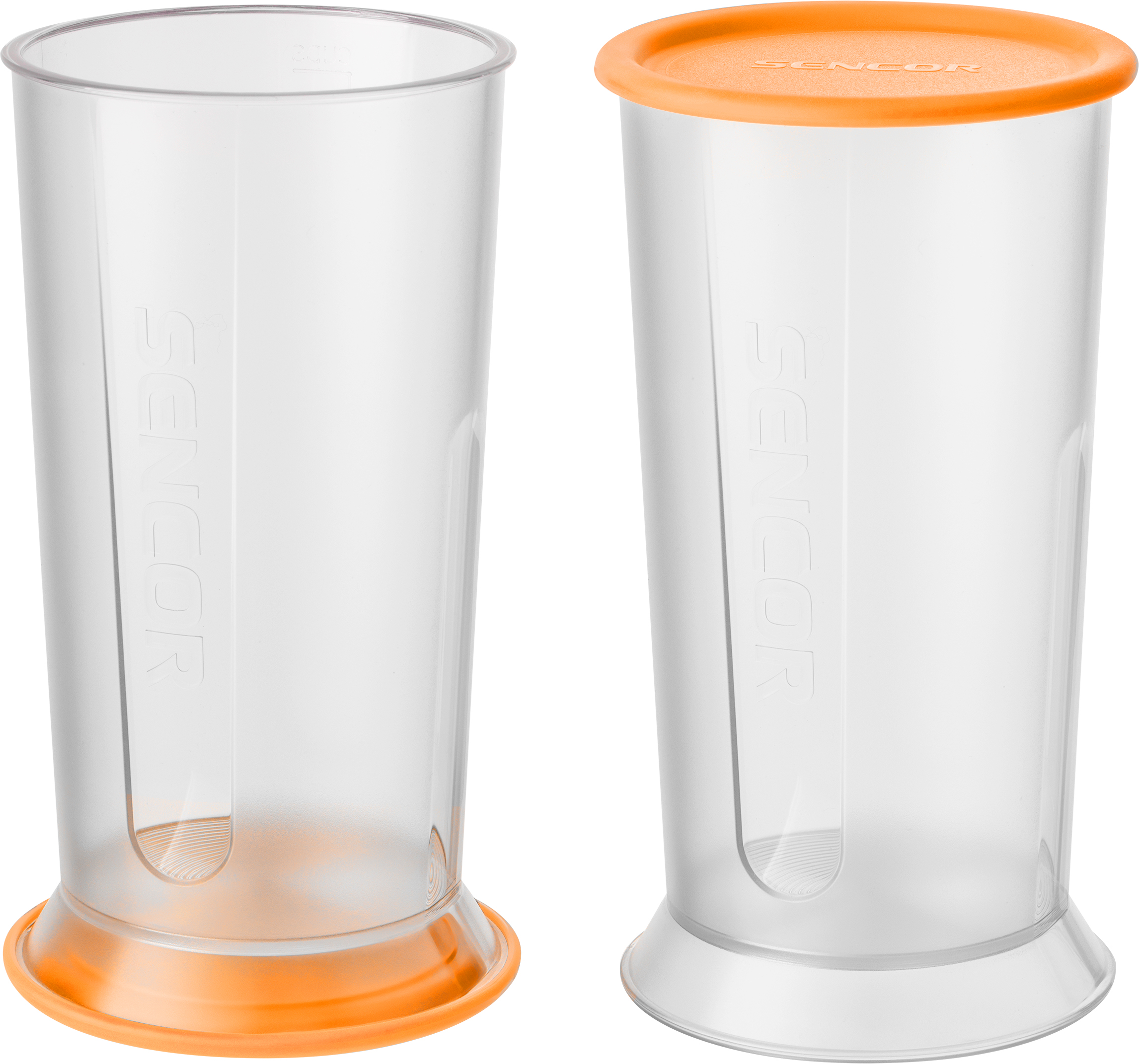 Due bicchieri di plastica trasparente, uno con base arancione e uno con coperchio arancione. Entrambi hanno la scritta SENCOR.