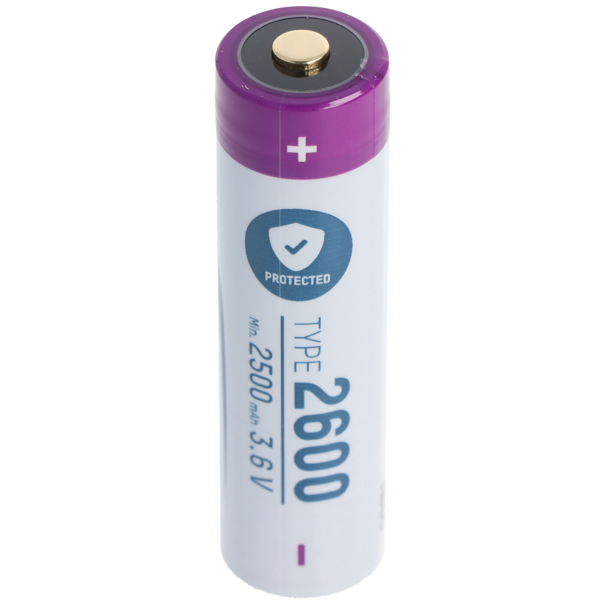 Een oplaadbare batterij, wit met een paarse bovenkant. De batterij toont tekst en een plus teken.