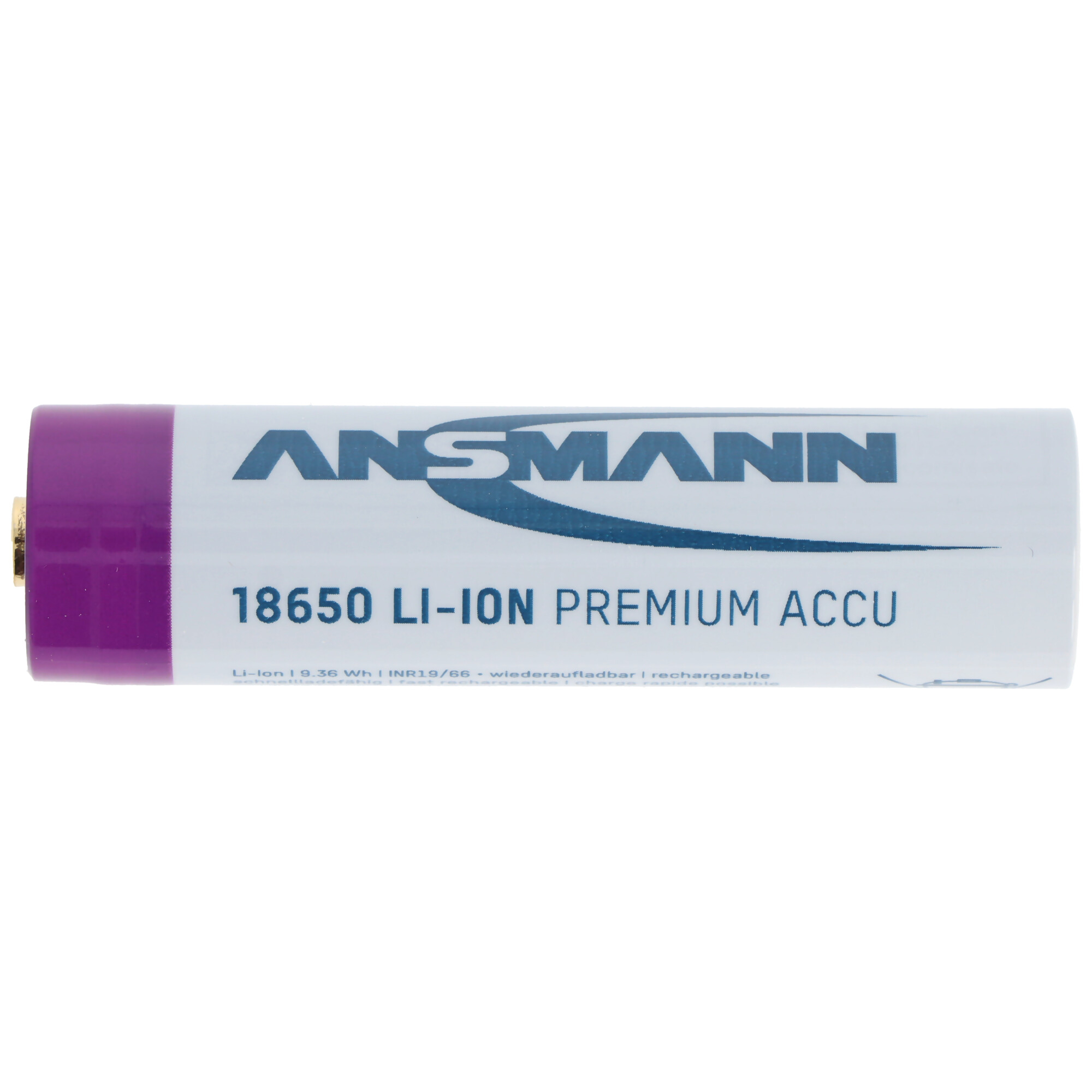 Witte en paarse 18650 oplaadbare Li-ion batterij met 'ANSMANN' en tekst erop.