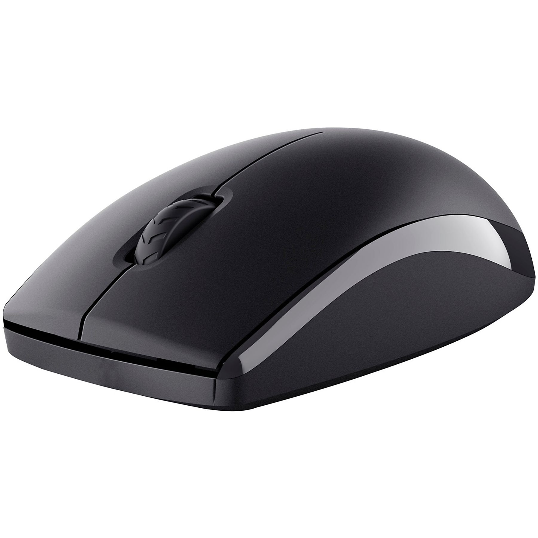 Czarna mysz z kółkiem przewijania, srebrnym wykończeniem i marką Trust.