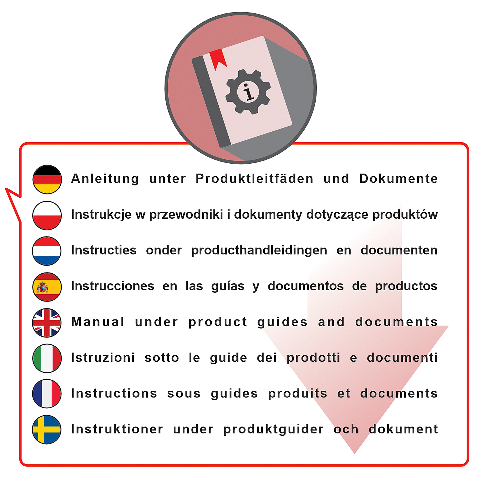 Roter Kreis mit Buch- und Zahnradsymbol, roter Pfeil zeigt auf mehrsprachigen Text.