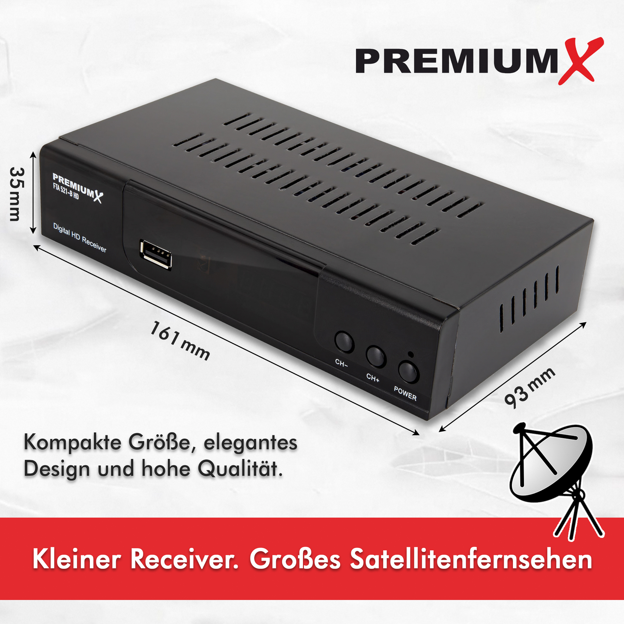 Schwarzer digitaler HD-Receiver mit Abmessungen und Text. Der Receiver hat einen USB-Anschluss und Tasten.