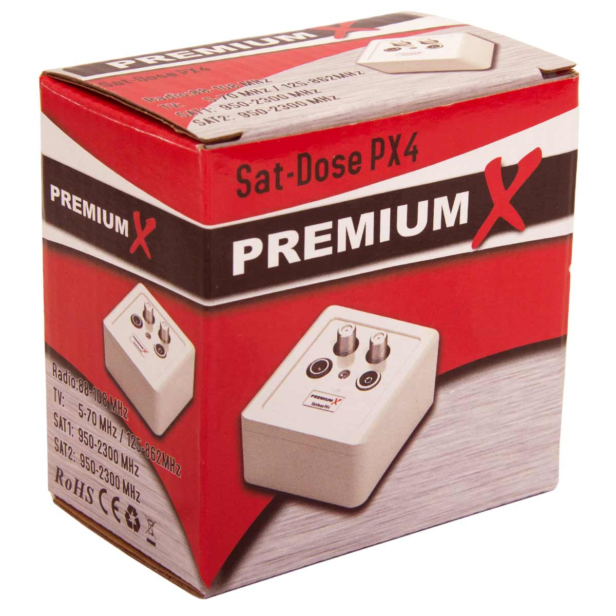 Rote und weiße Box mit der Aufschrift "Sat-Dose PX4" und einem weißen Gerät. Text enthält Produktspezifikationen.